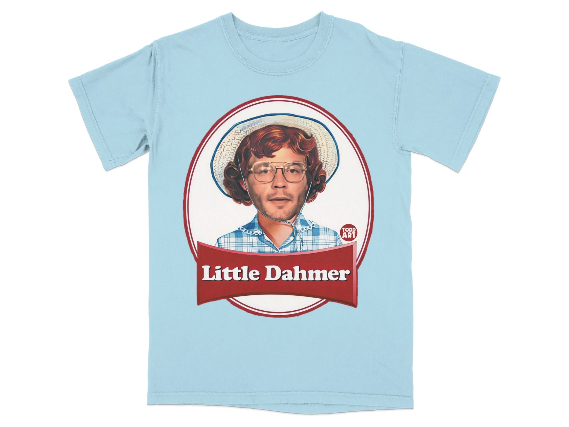 Light blue t-shirt with "Little Dahmer" logo featuring a man's face.