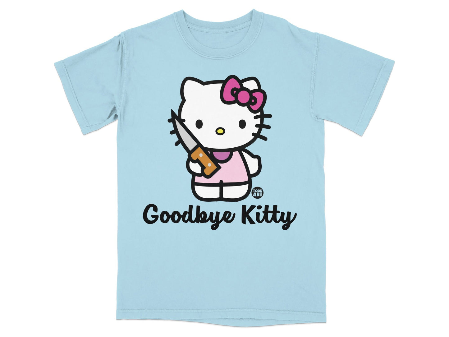 Light blue t-shirt with Hello Kitty holding a knife, "Goodbye Kitty" text.