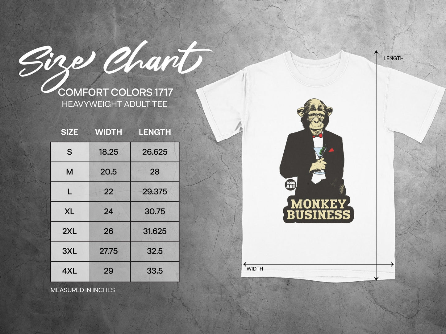 Comfort Colors 1717 heavyweight adult tee size chart with measurements.