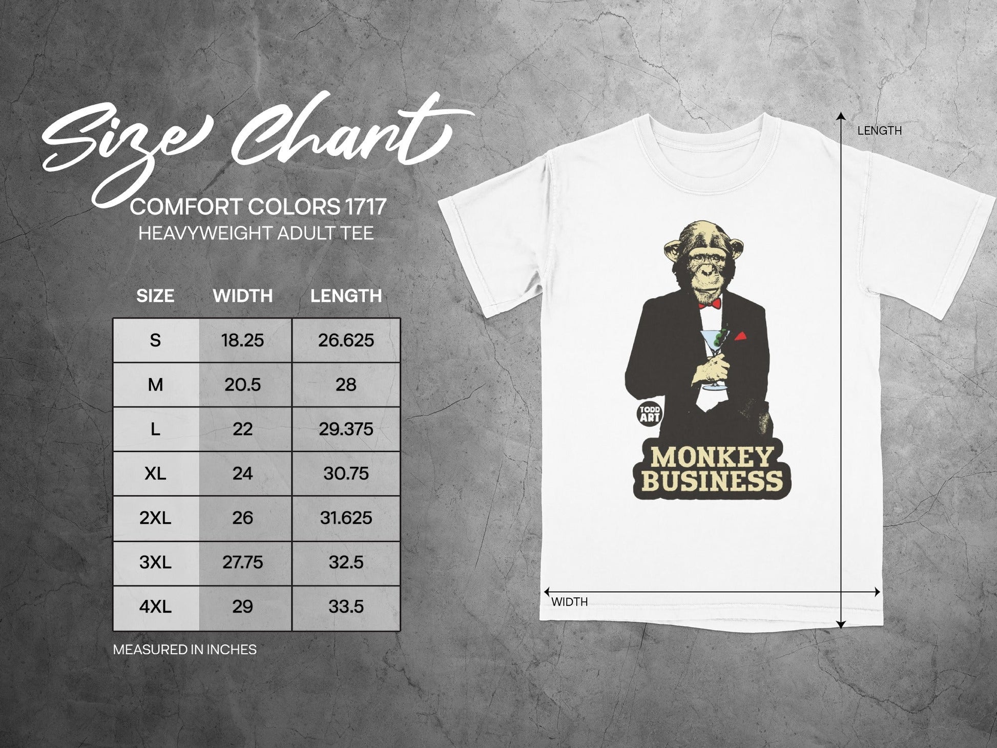 Comfort Colors 1717 heavyweight adult tee size chart with measurements.