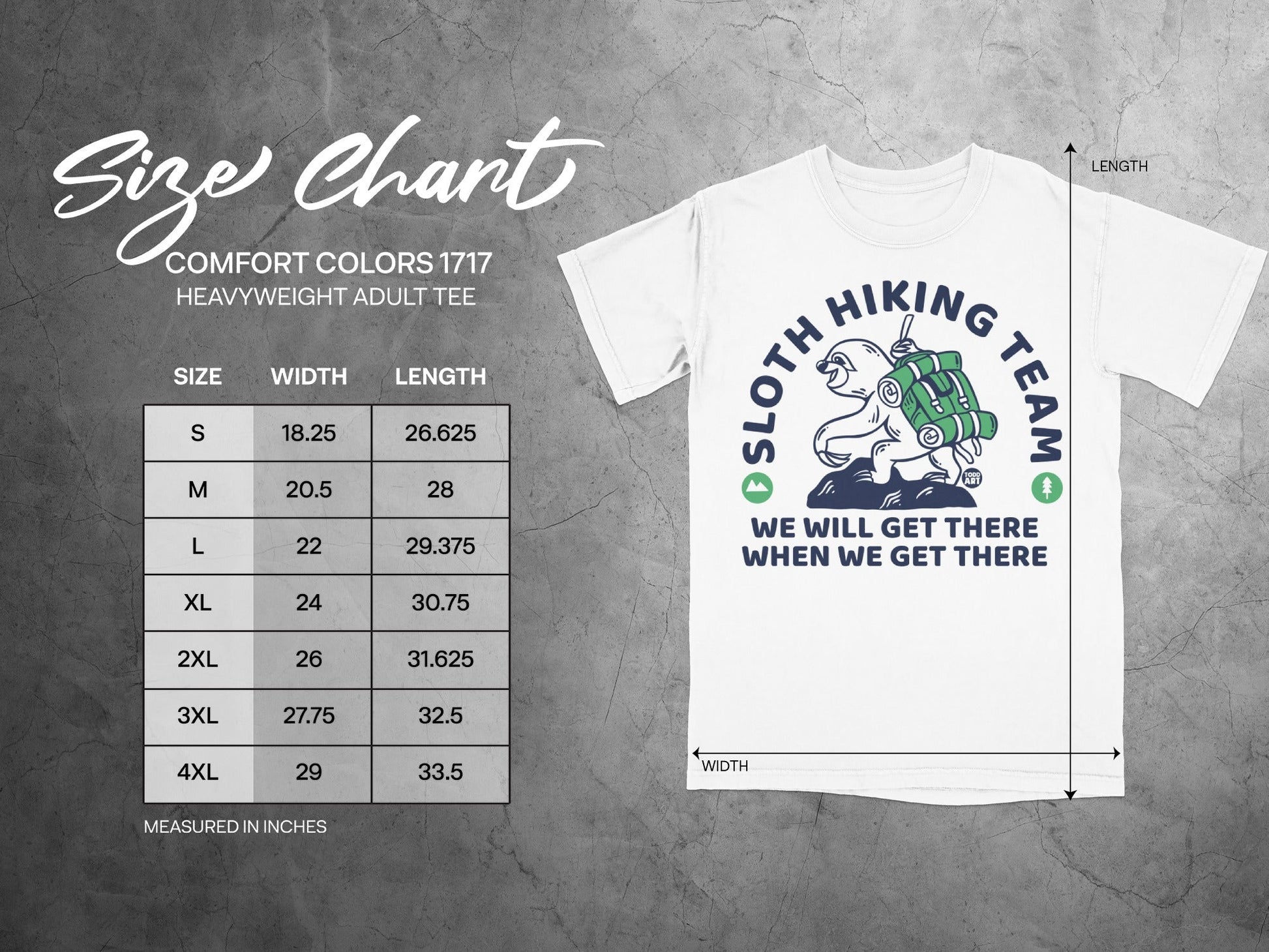 Size chart for Comfort Colors 1717 heavyweight adult tee.