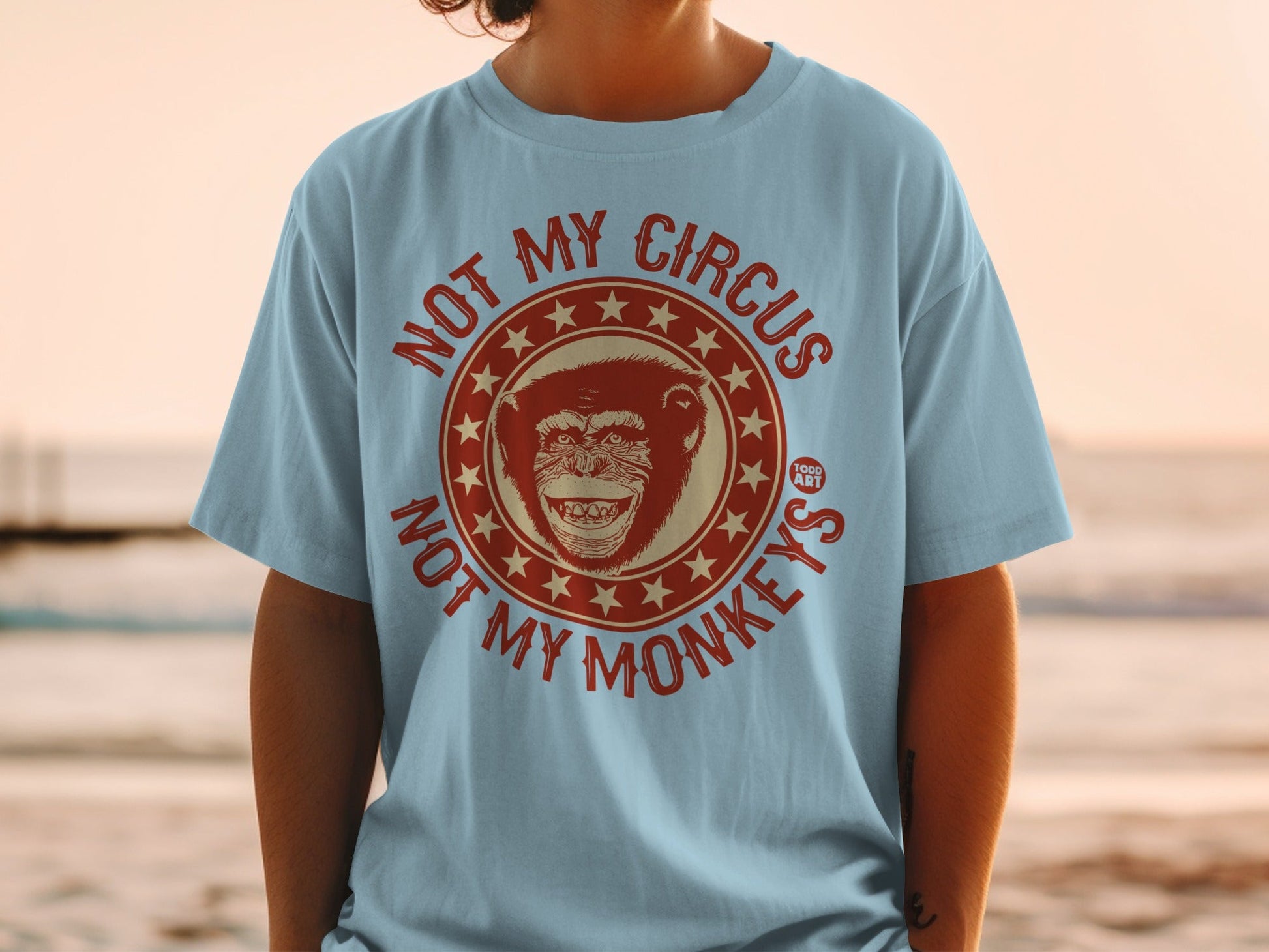 Light blue t-shirt with "NOT MY CIRCUS NOT MY MONKEYS" text and a monkey graphic.