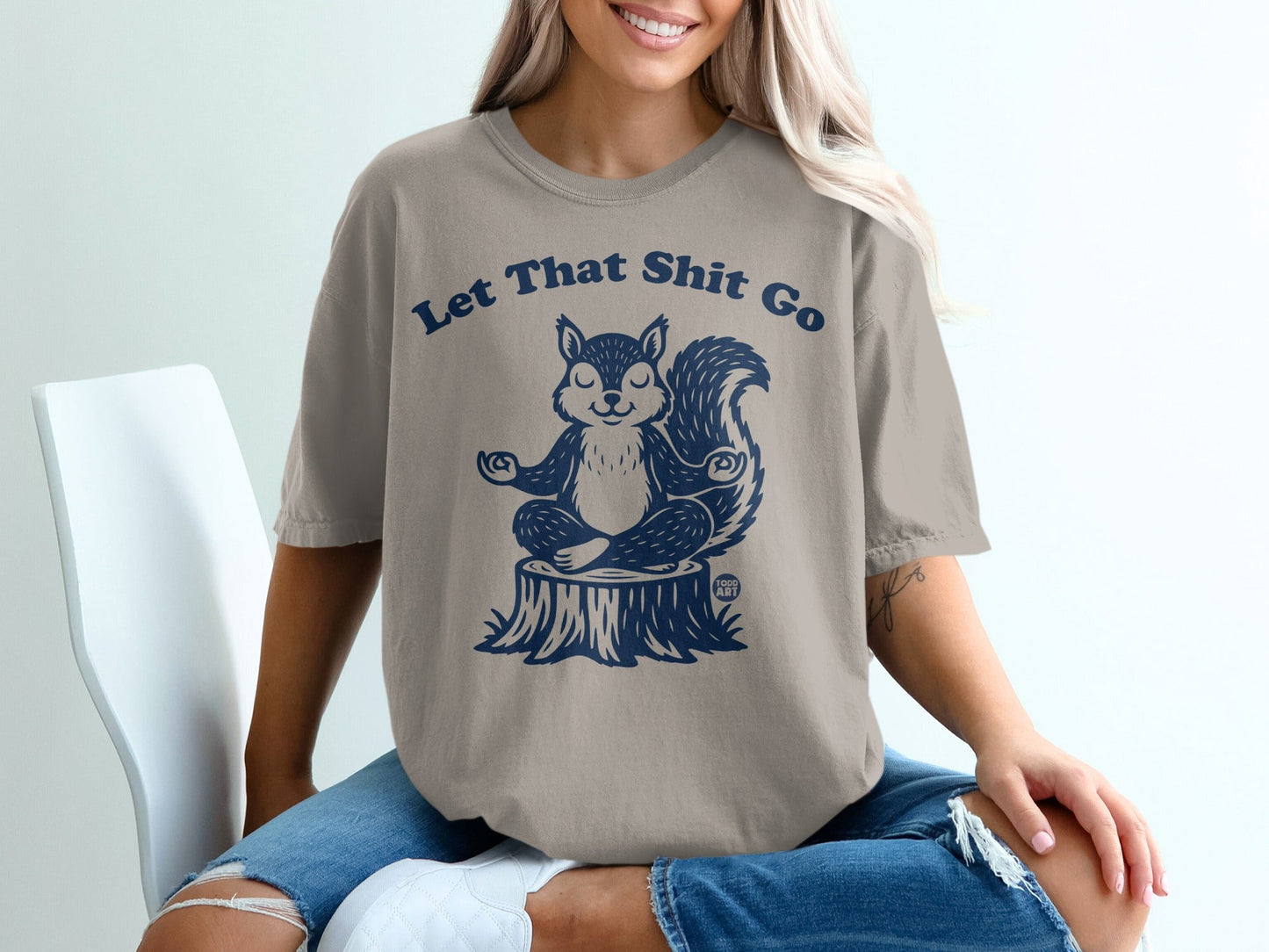 Let That Shit Go T-Shirt, Funny Meditation Squirrel Tee, Zen Animal Lover Shirt, Yoga Mindfulness Gift, Sarcastic Relaxing T-Shirts, Unique
