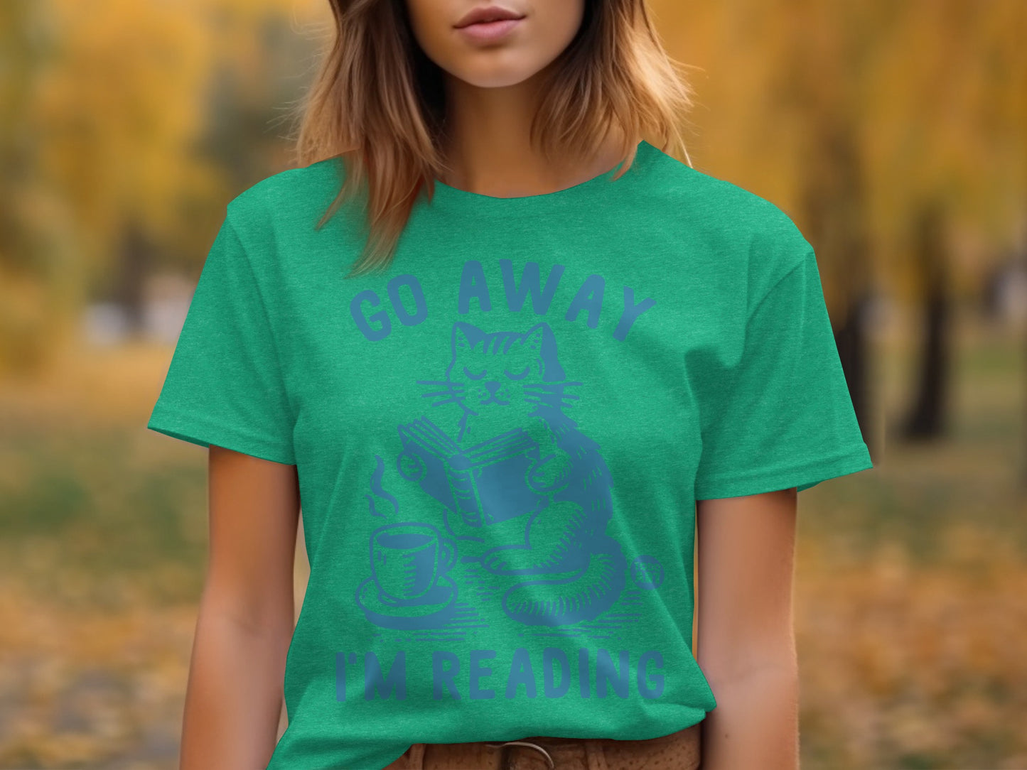 Go Away I'm Reading Cat Graphic Green Shirt