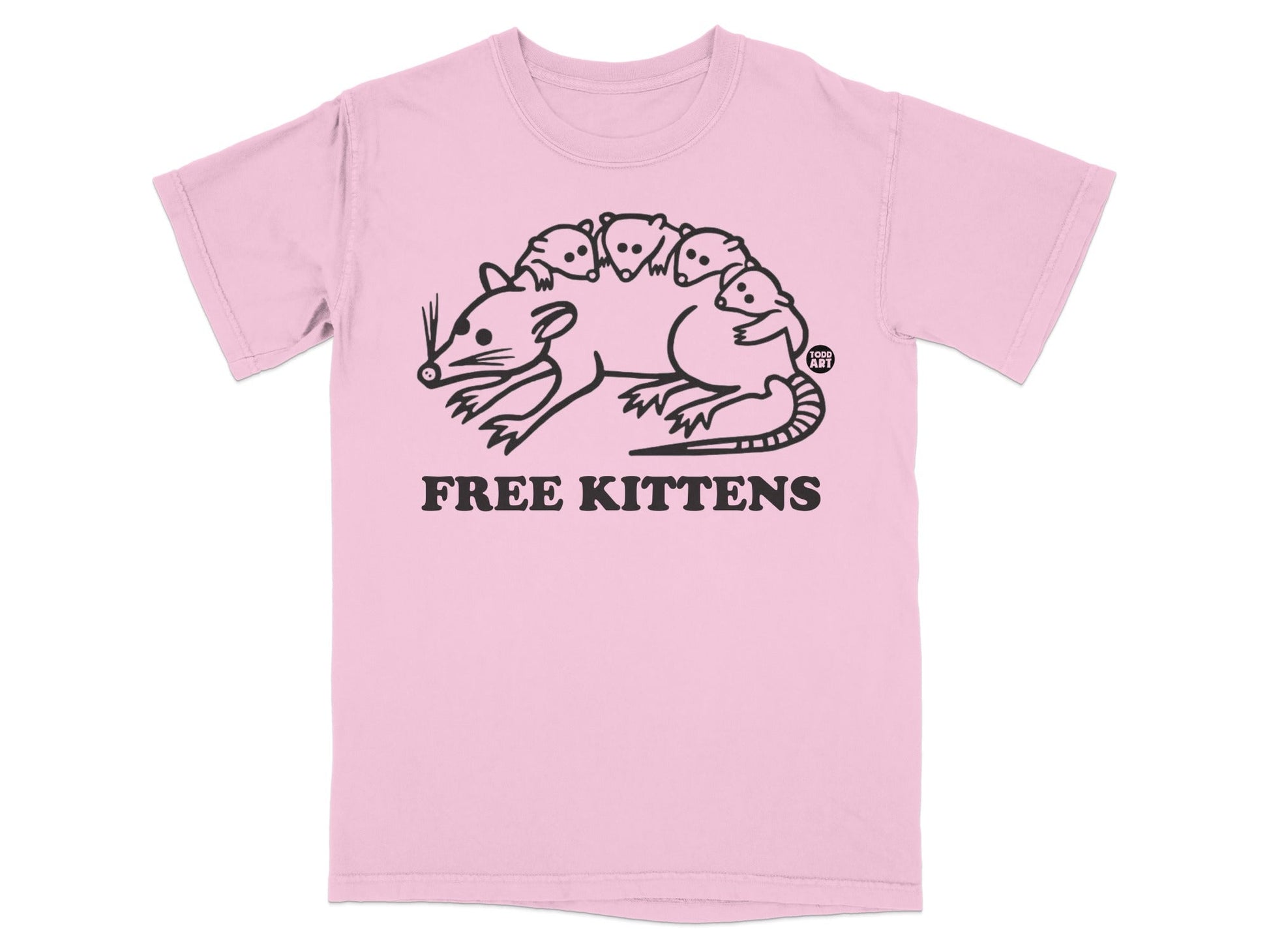 Pink t-shirt with a drawing of a rat carrying kittens and the text "FREE KITTENS".