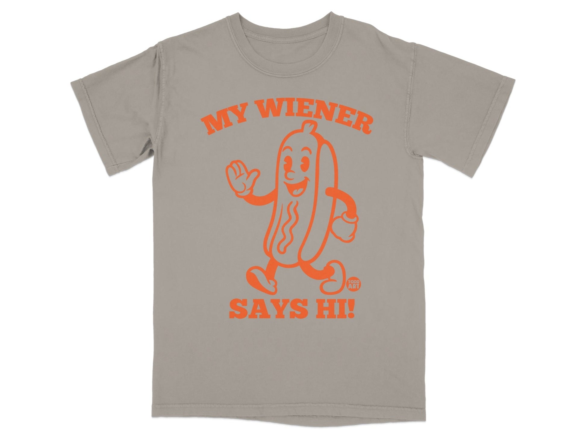 T-shirt with orange cartoon hot dog and text "MY WIENER SAYS HI!".