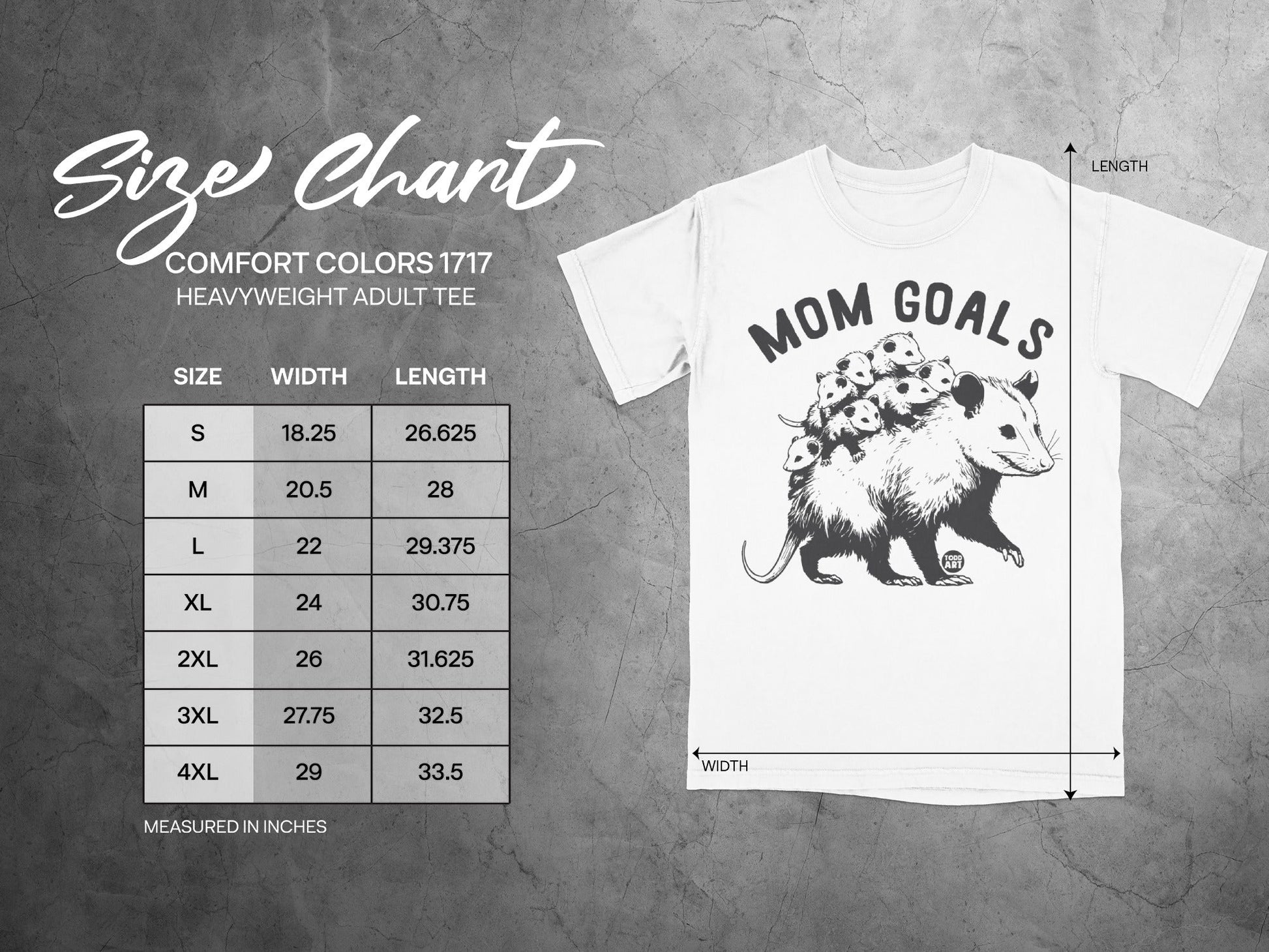 Size chart for Comfort Colors 1717 heavyweight adult tee with Mom Goals design.