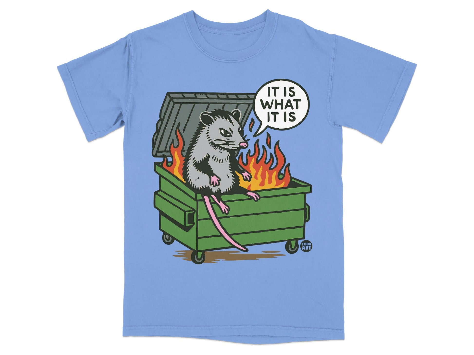 Opossum in a burning dumpster with text "IT IS WHAT IT IS".