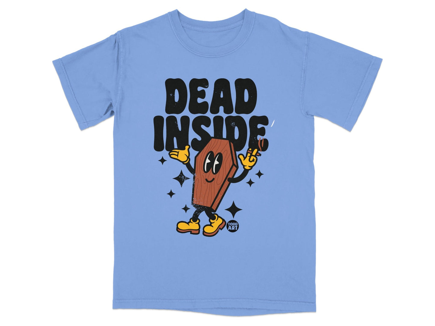 T-shirt with cartoon coffin character holding a cigarette and film camera.