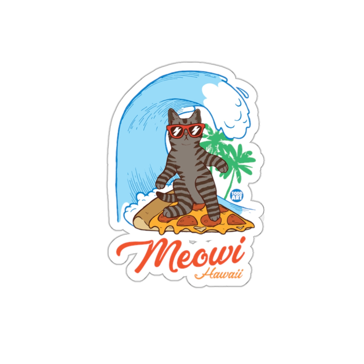 Meowi Hawaii Surfing Cat on Pizza Sticker