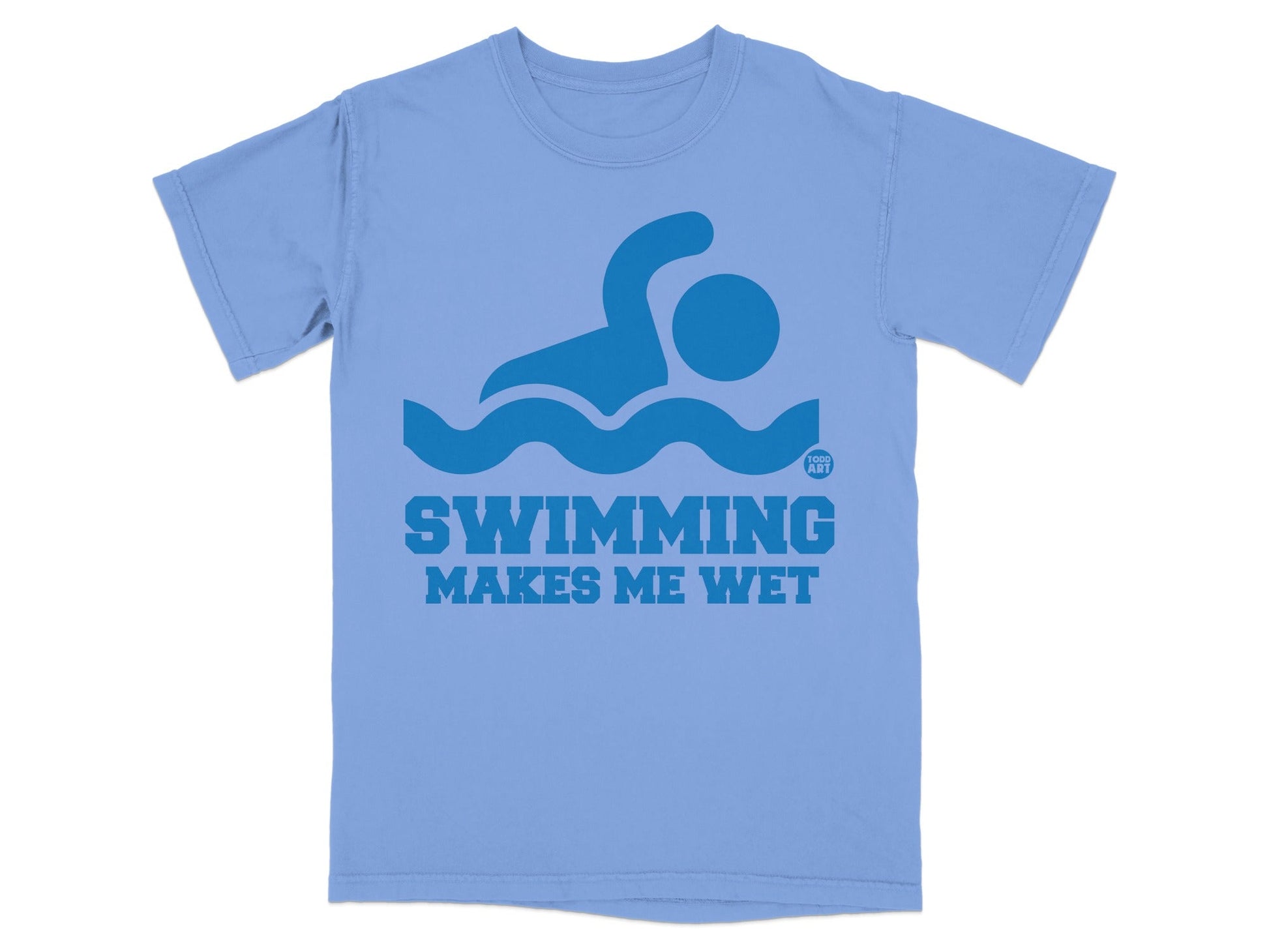 Light blue t-shirt with a blue graphic of a swimmer and text "SWIMMING MAKES ME WET".