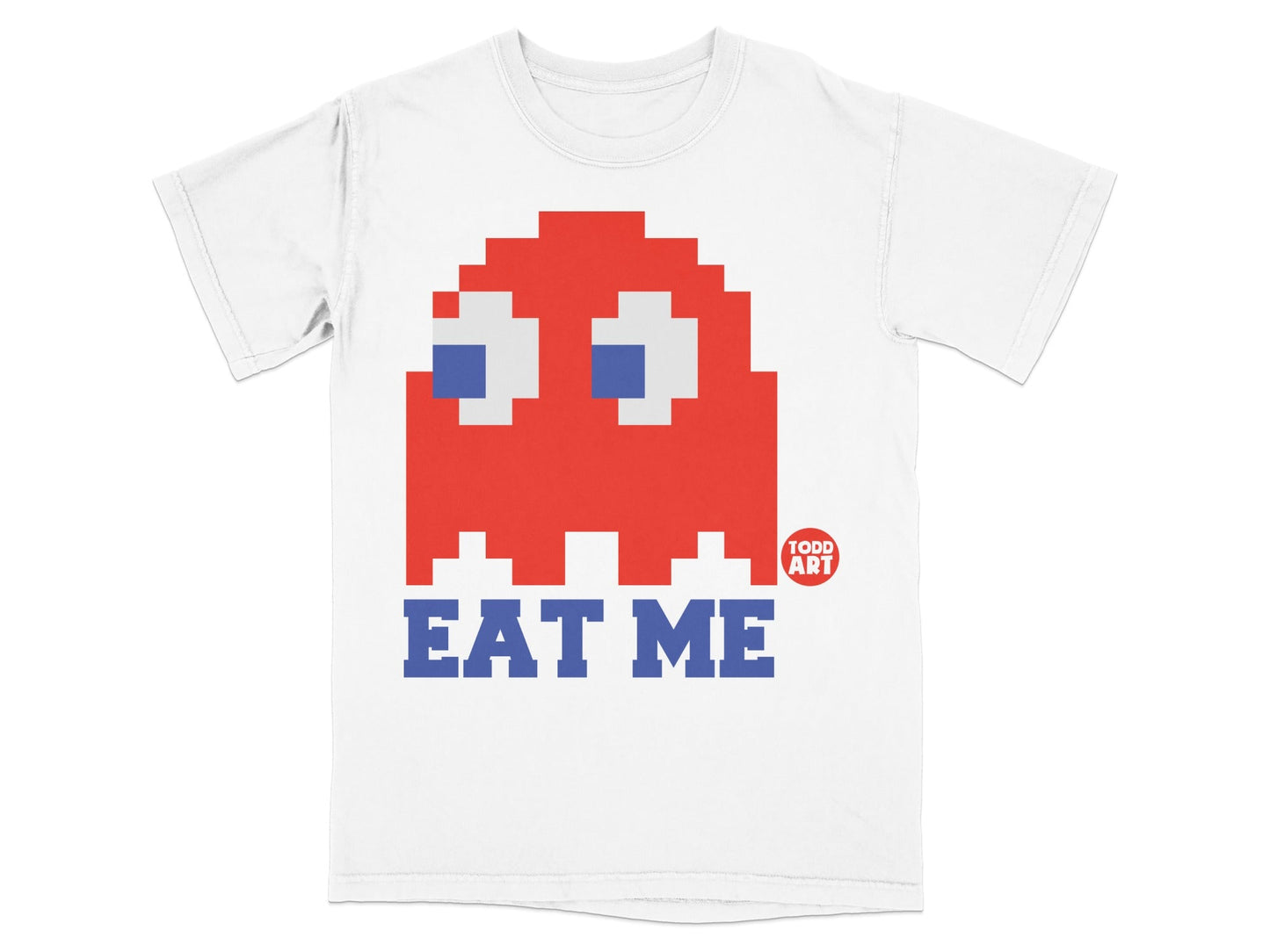 White t-shirt with red Pac-Man ghost and "EAT ME" text.