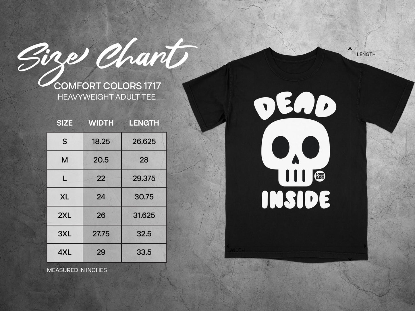 Size chart for a heavy weight adult tee with chest and length measurements.