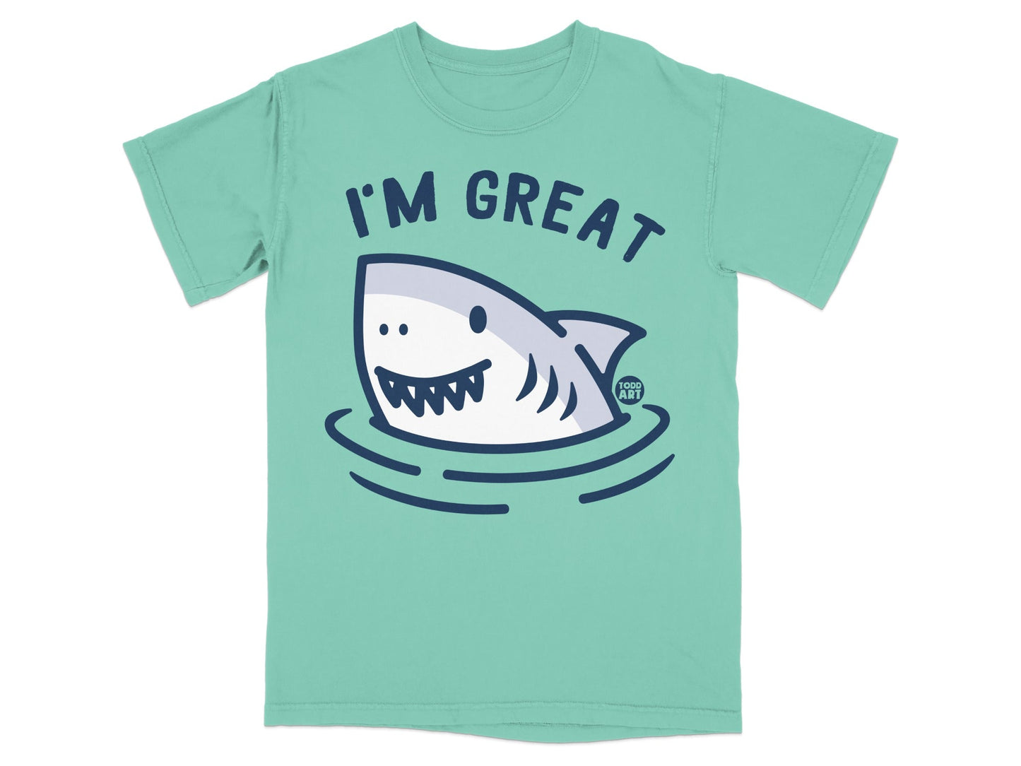 Teal t-shirt with a cartoon shark wearing a "I'M GREAT" speech bubble.