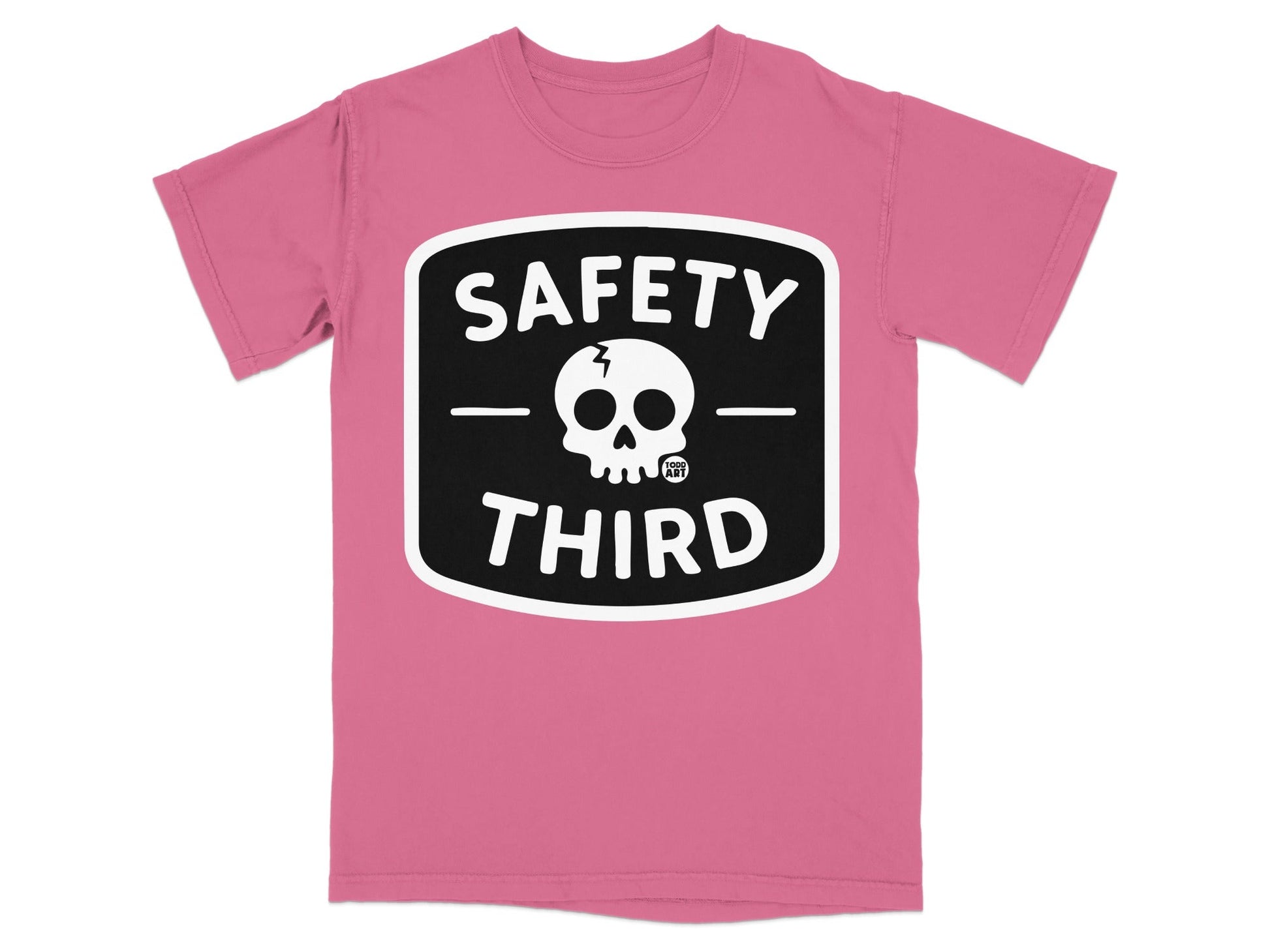 Pink t-shirt with black "SAFETY THIRD" logo and skull graphic.