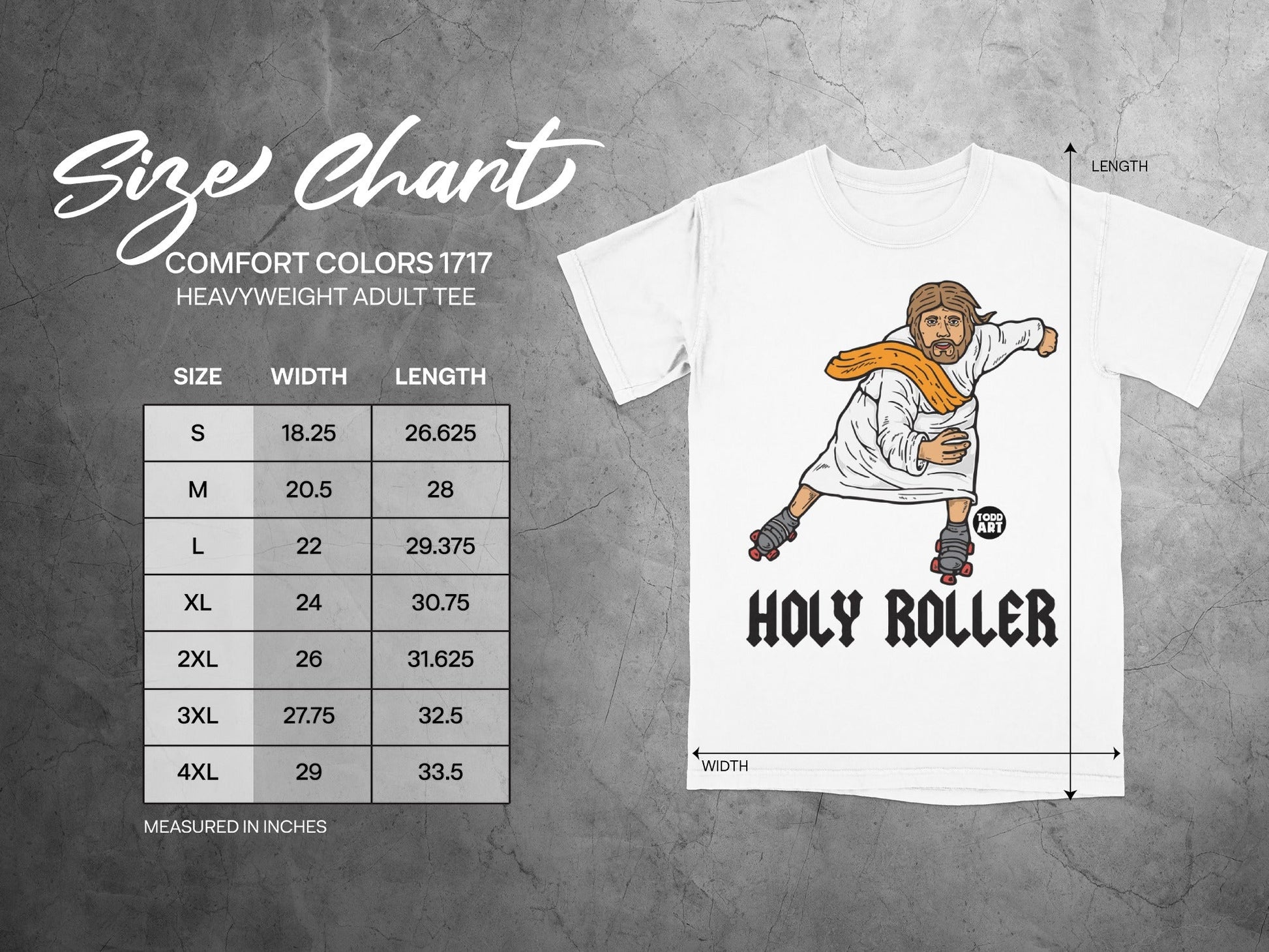 T-shirt size chart with width and length measurements for sizes S-4XL.