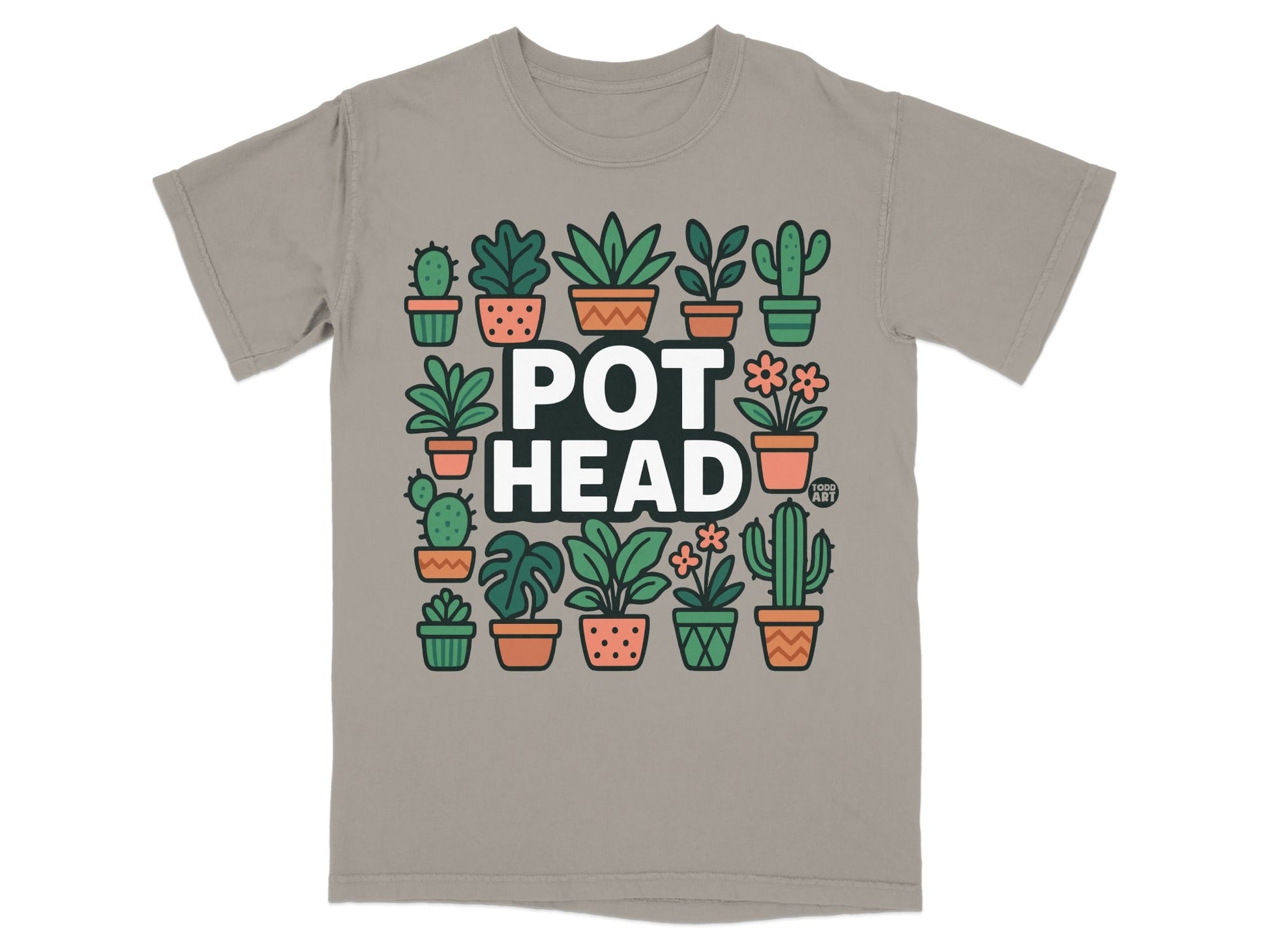T-shirt with "POT HEAD" text surrounded by potted plants.