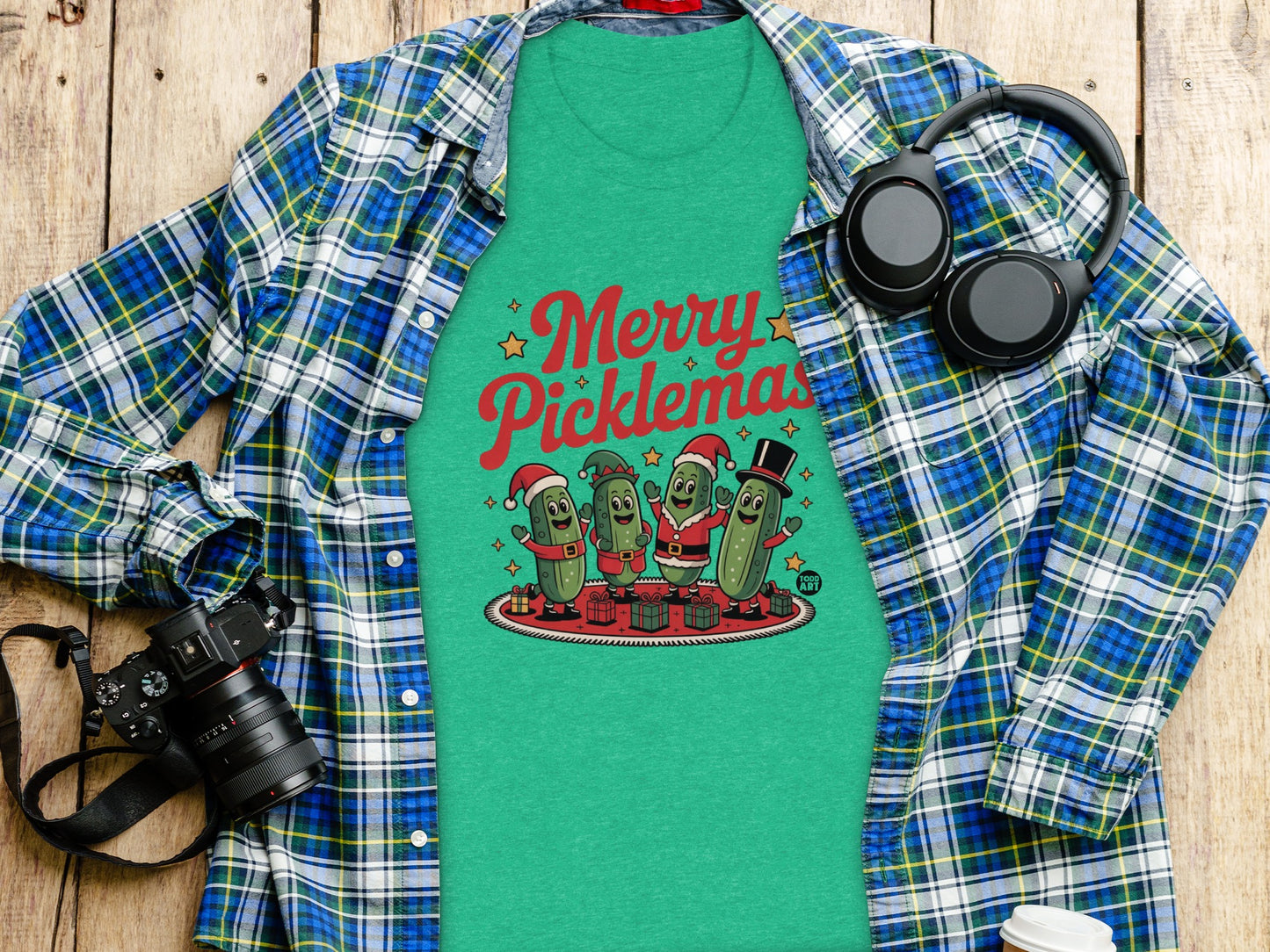 Merry Picklemas Green Shirt with Fun Cartoon Design