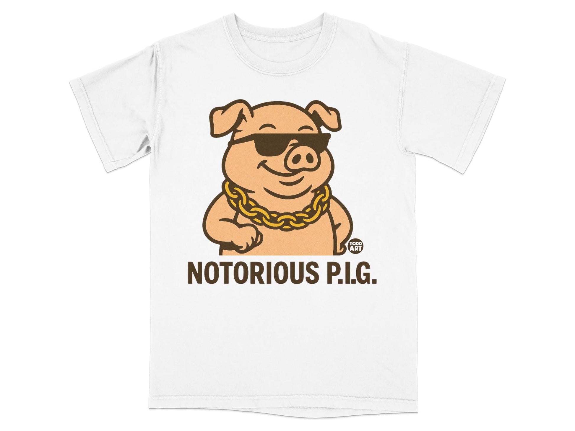 T-shirt with cartoon pig wearing sunglasses and gold chain, text reads NOTORIOUS P.I.G.