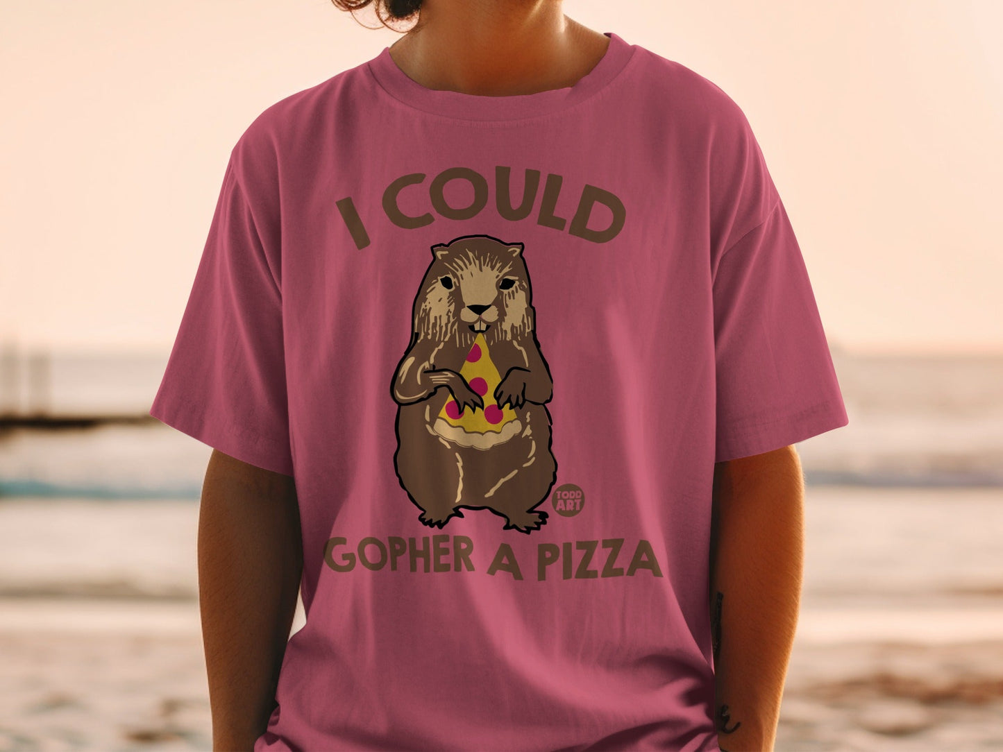 Groundhog holding a slice of pizza, text "I could gopher a pizza".