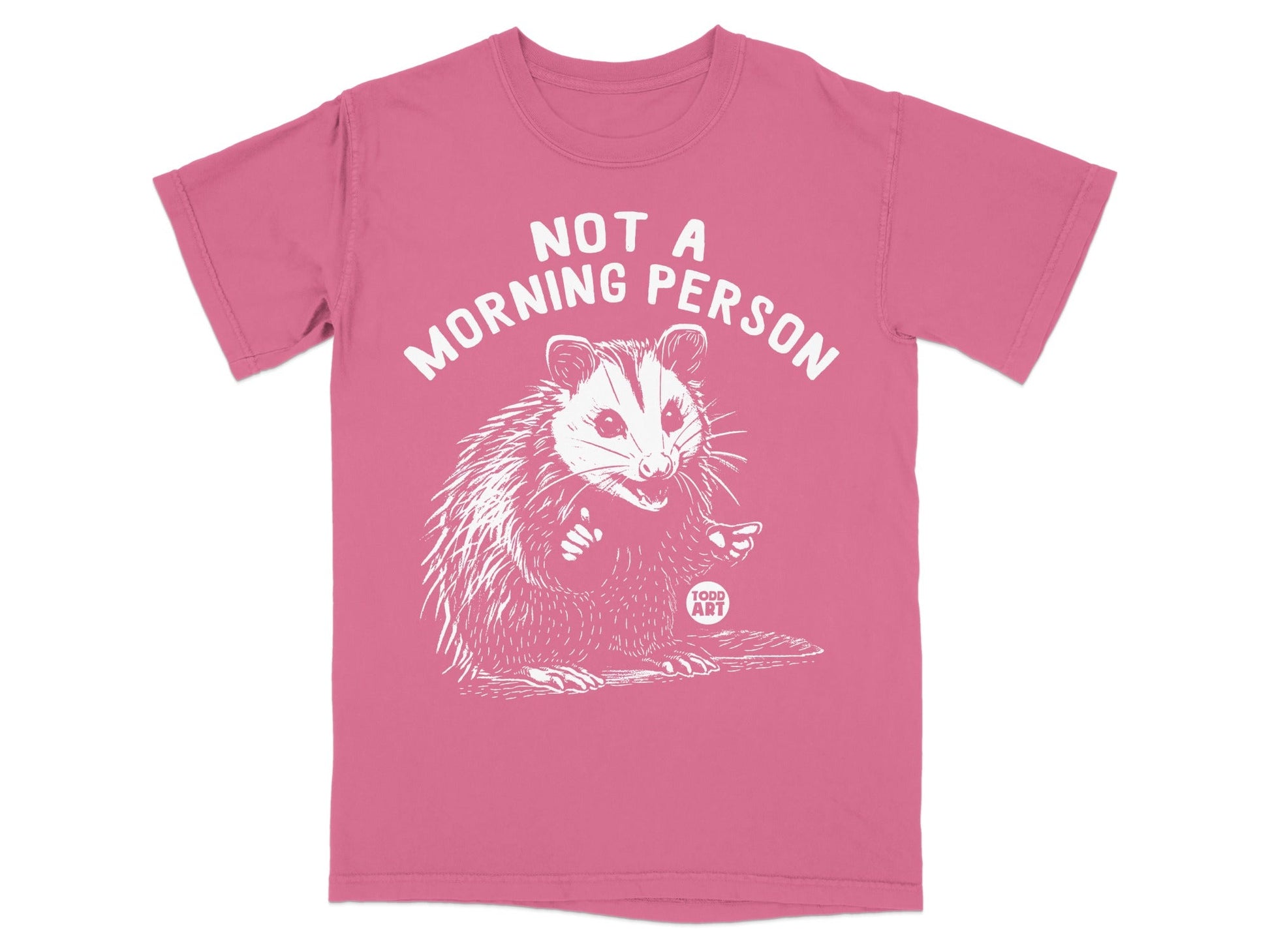 White opossum with "Not a morning person" text on pink t-shirt.