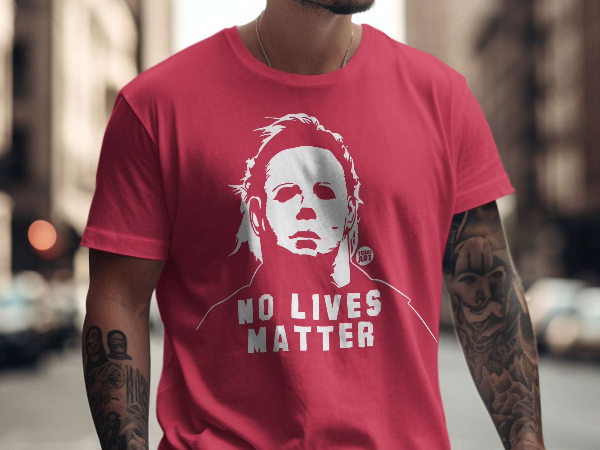 Red t-shirt with Michael Myers graphic and "NO LIVES MATTER" text.