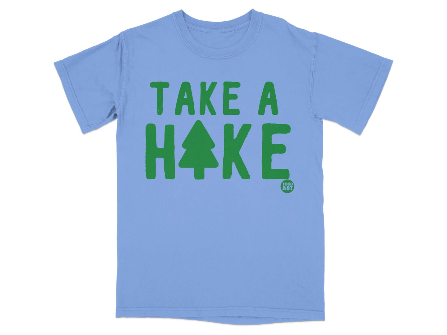 Blue t-shirt with green text "TAKE A HIKE" and a small green tree logo.