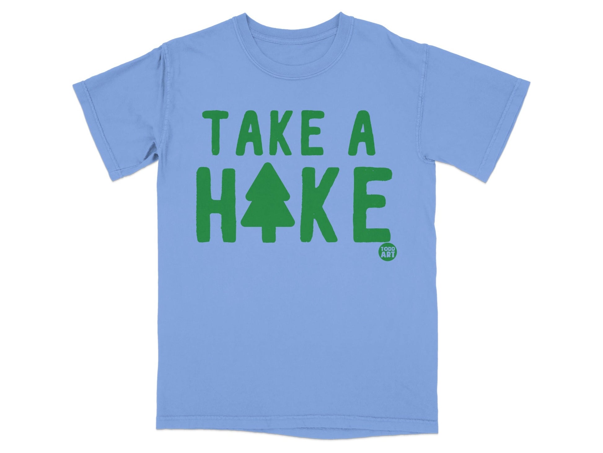 Blue t-shirt with green text "TAKE A HIKE" and a small green tree logo.