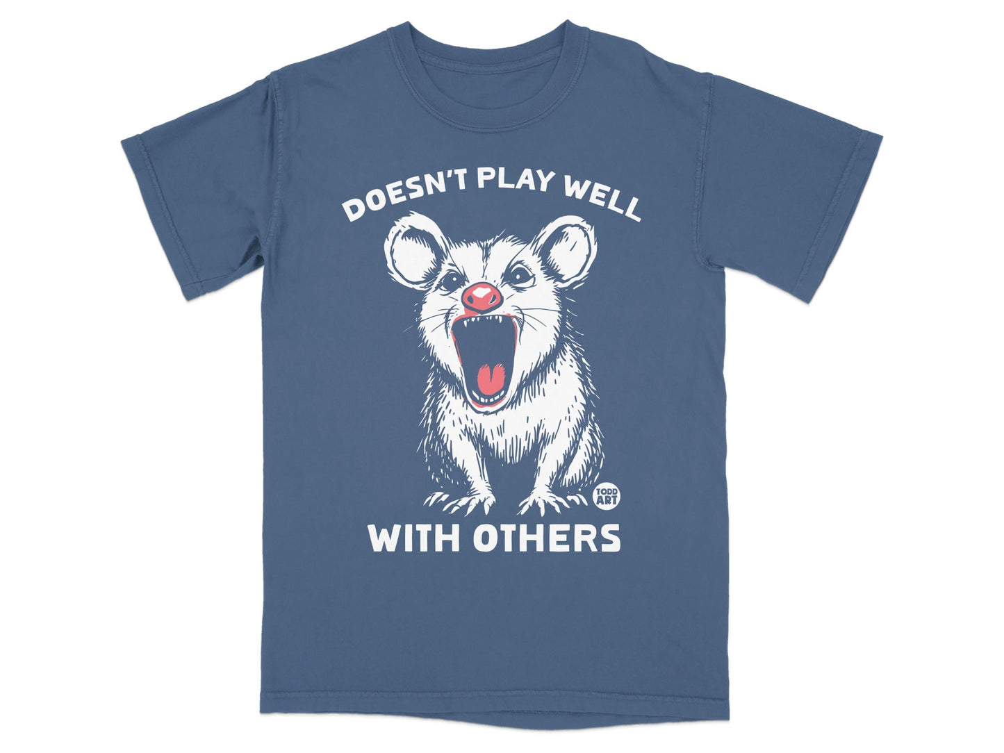 T-shirt with white opossum graphic and text "DOESN'T PLAY WELL WITH OTHERS".