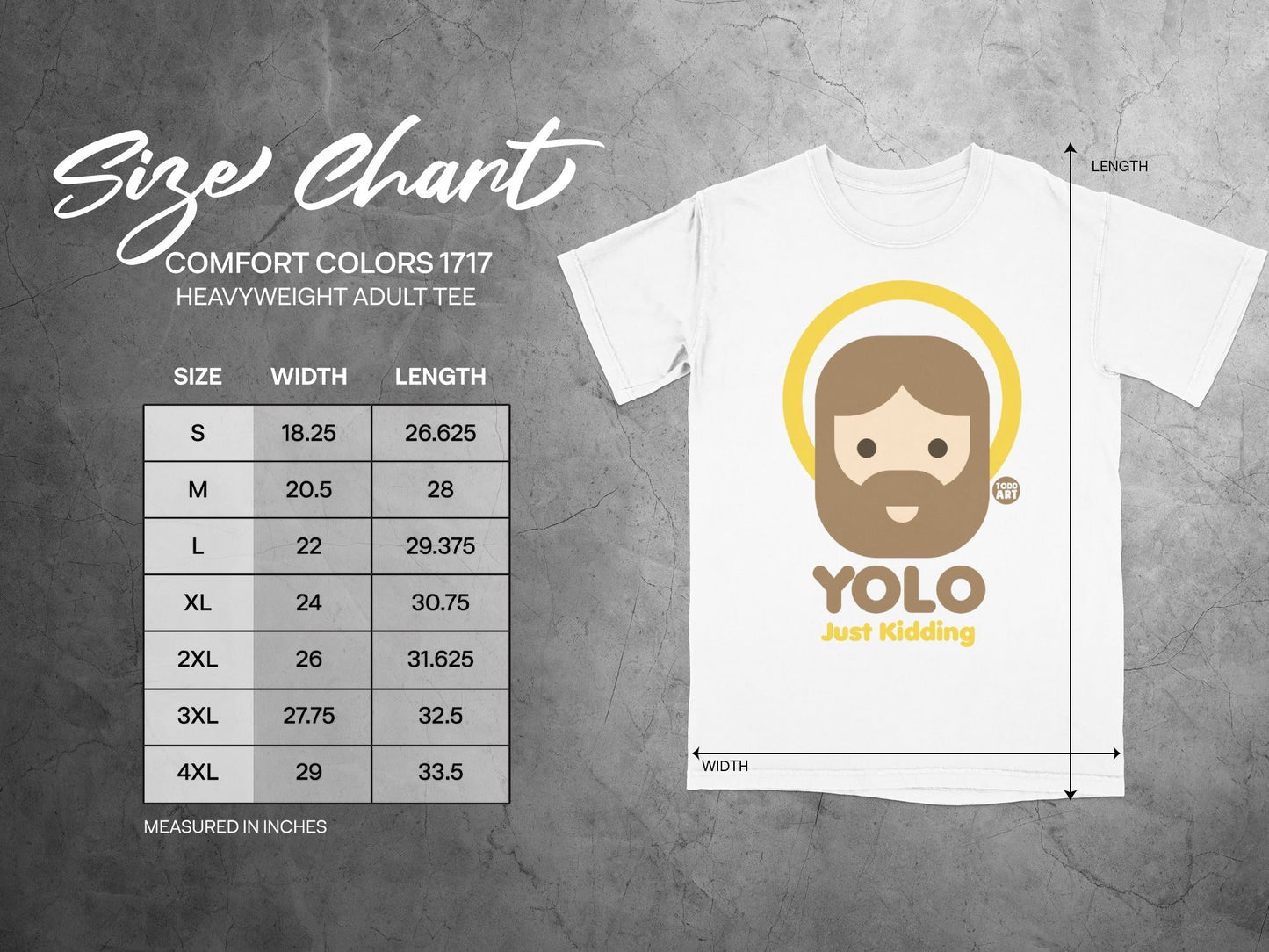 Comfort Colors 1717 heavyweight adult tee size chart with measurements.