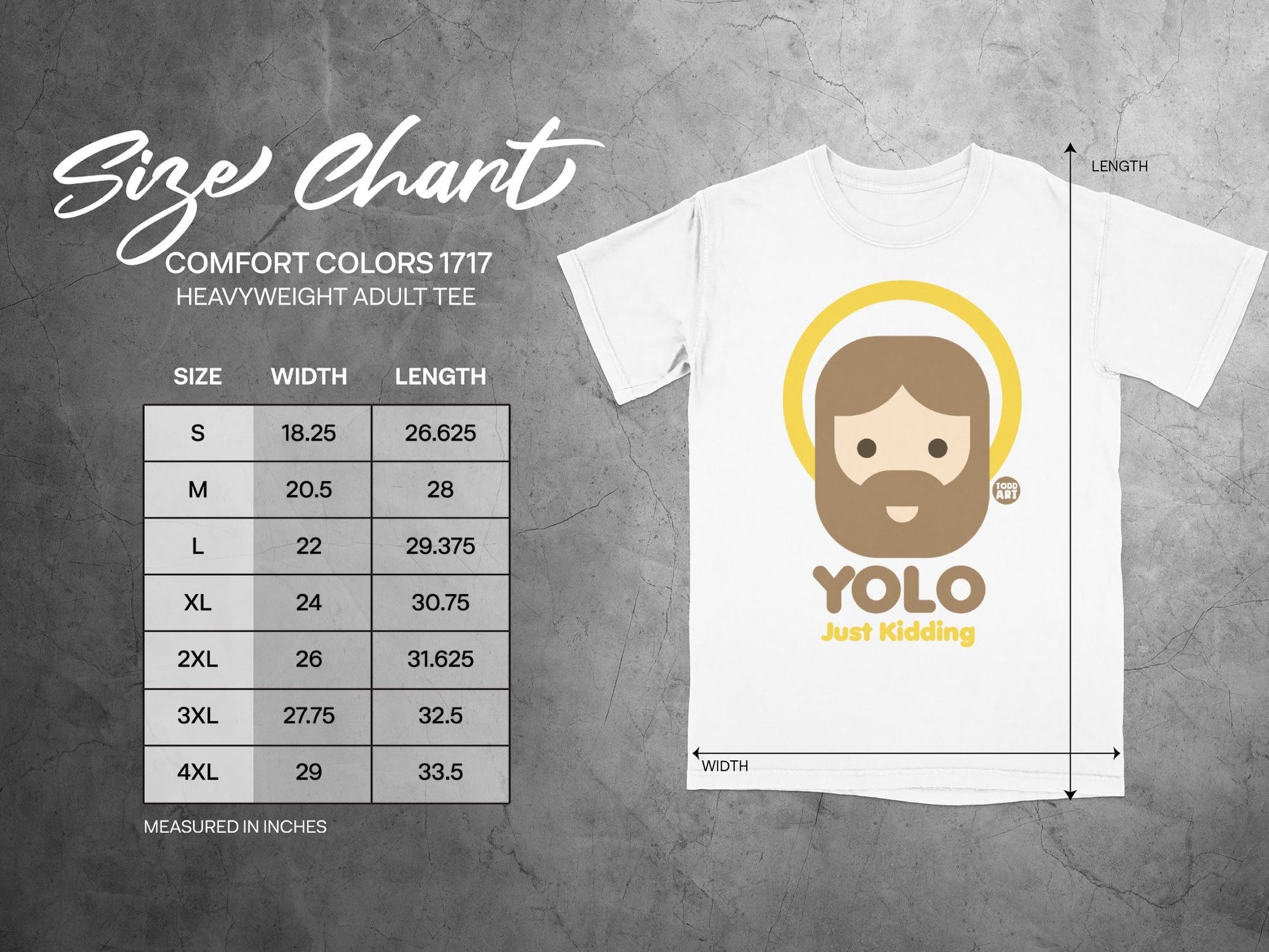 Comfort Colors 1717 heavyweight adult tee size chart with measurements.