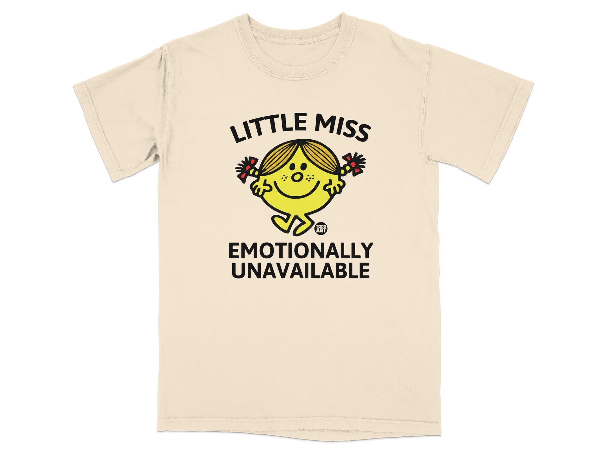 Beige t-shirt with Little Miss "Emotionally Unavailable" graphic.