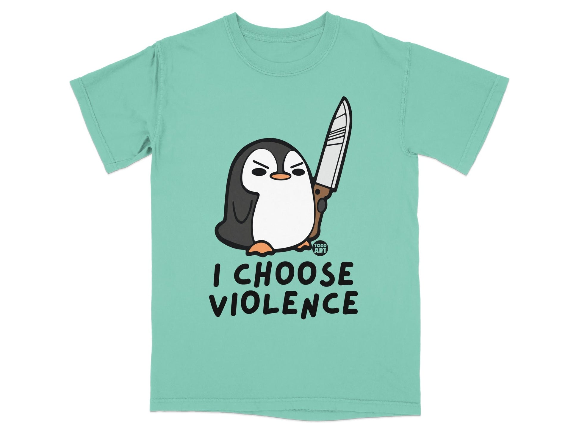 Teal t-shirt with cartoon penguin holding a knife and text "I CHOOSE VIOLENCE".