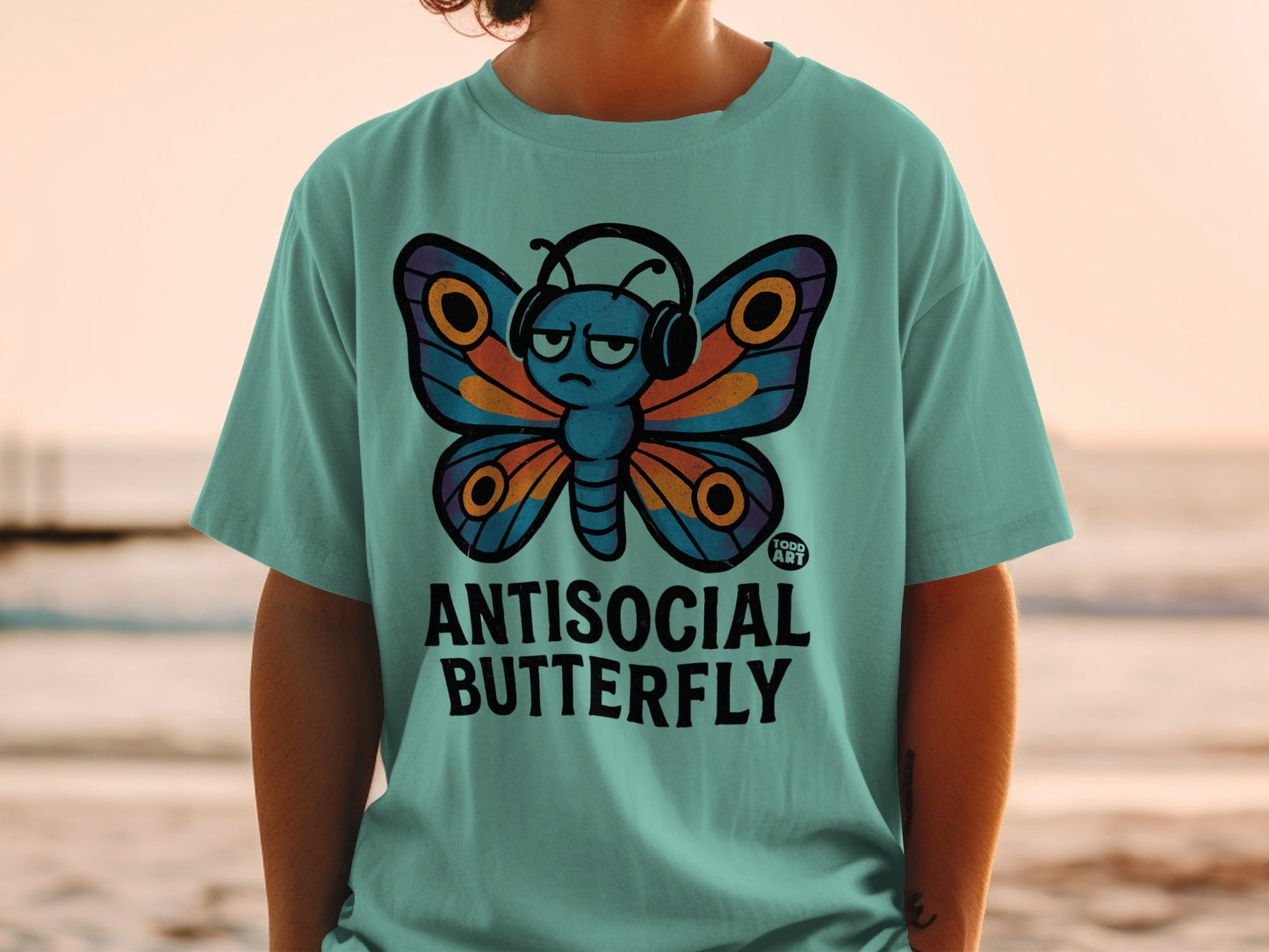 Antisocial Butterfly Graphic Tee with Headphones Design