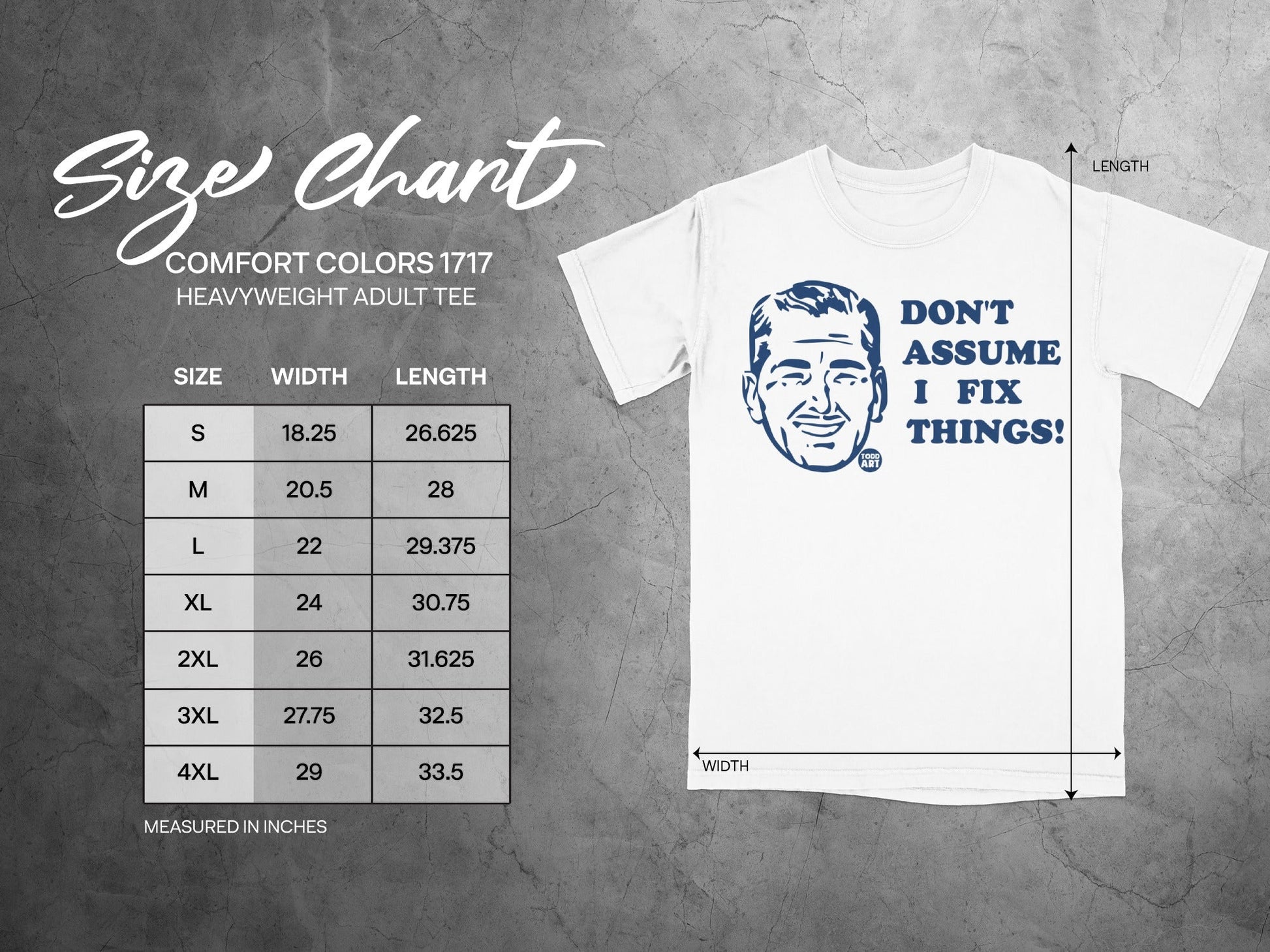 Comfort Colors 1717 heavyweight adult tee size chart with width and length measurements.
