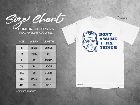 Comfort Colors 1717 heavyweight adult tee size chart with width and length measurements.