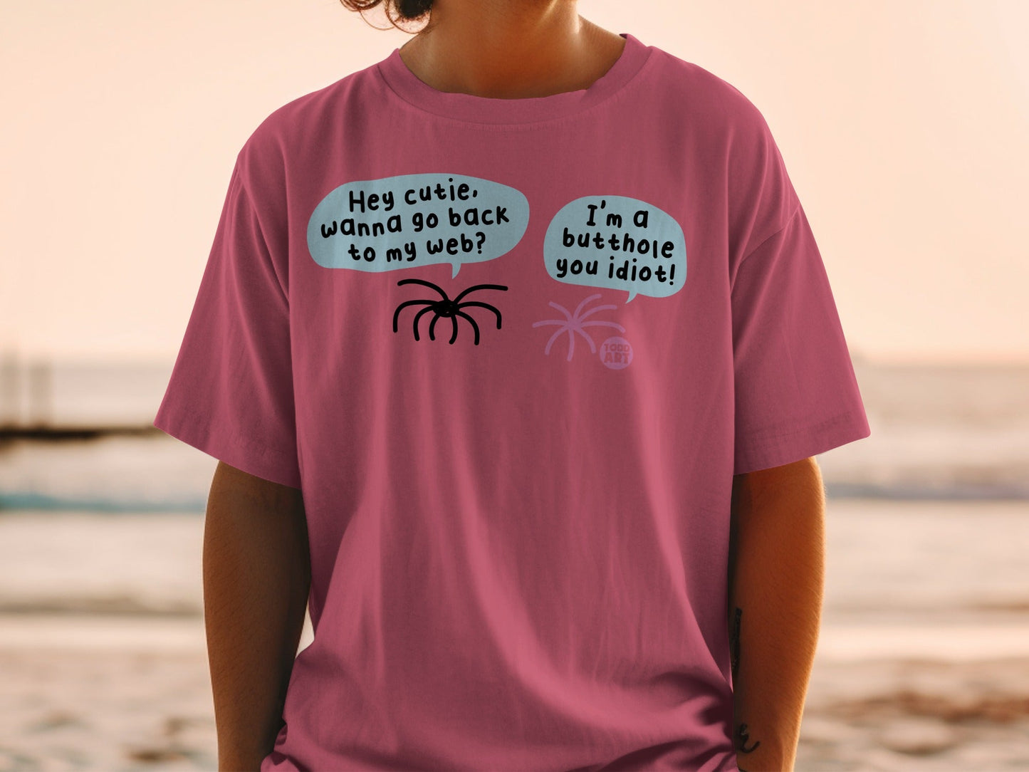 Funny Spider and Web Cartoon Pink Graphic T-Shirt