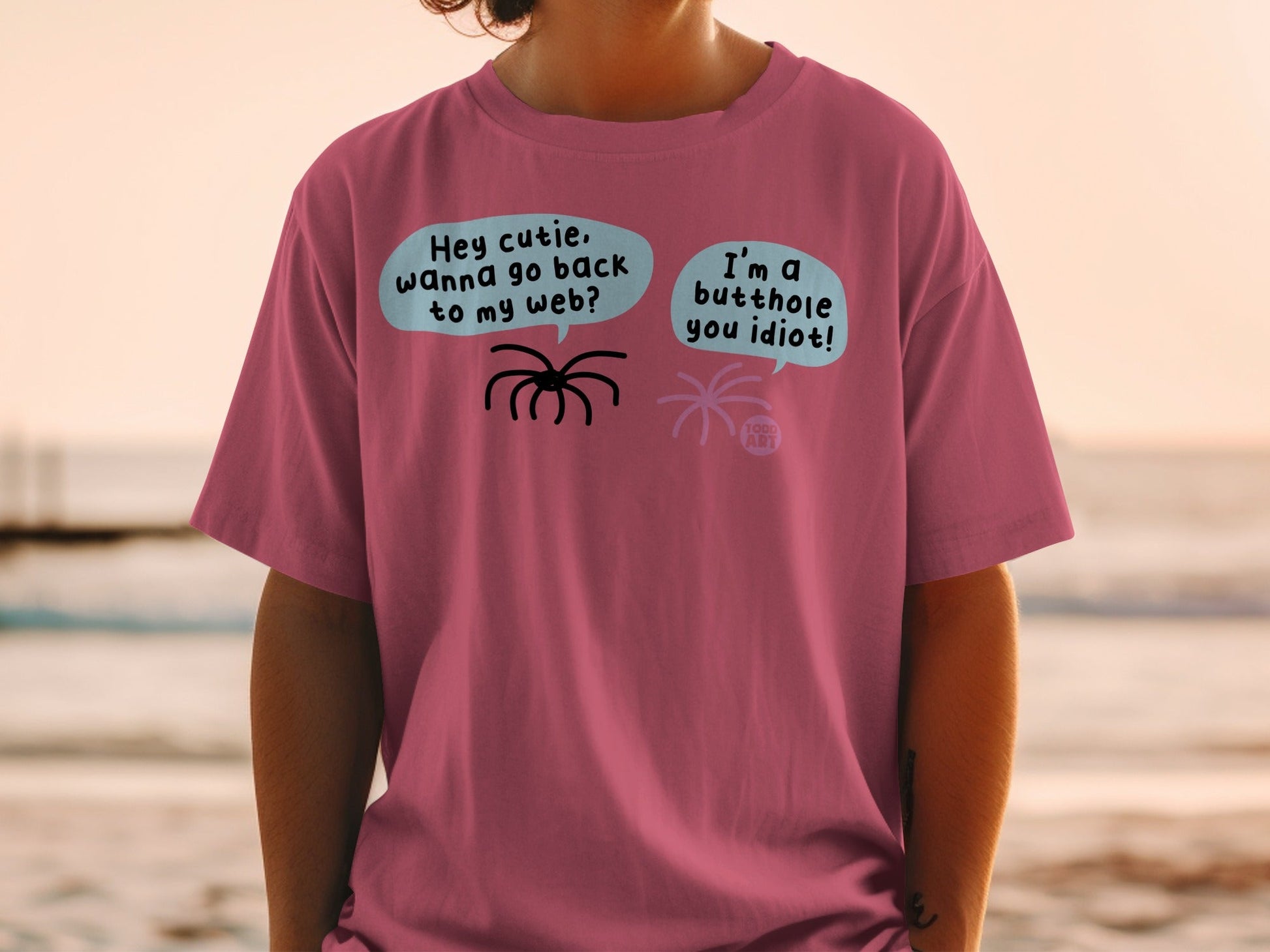 Funny Spider and Web Cartoon Pink Graphic T-Shirt