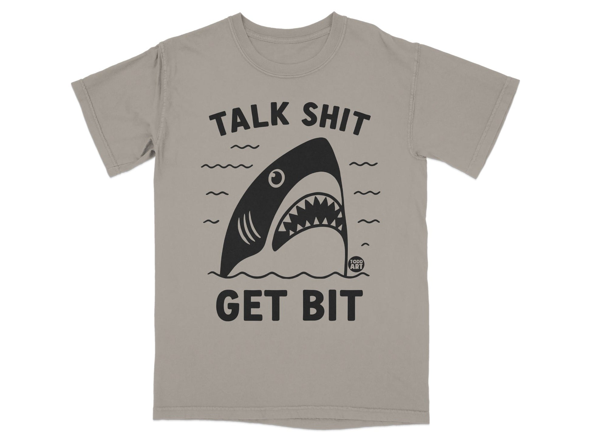 Grey t-shirt with a shark graphic and text "TALK SHIT GET BIT".