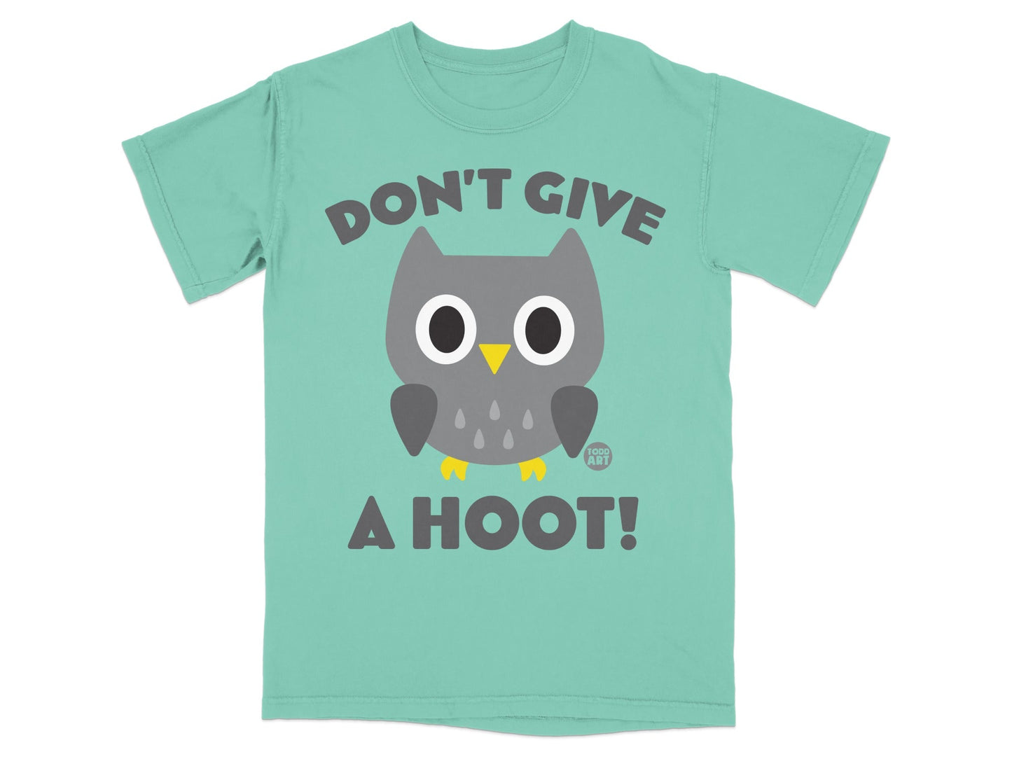 Teal t-shirt with a cartoon owl and text "DON'T GIVE A HOOT!"