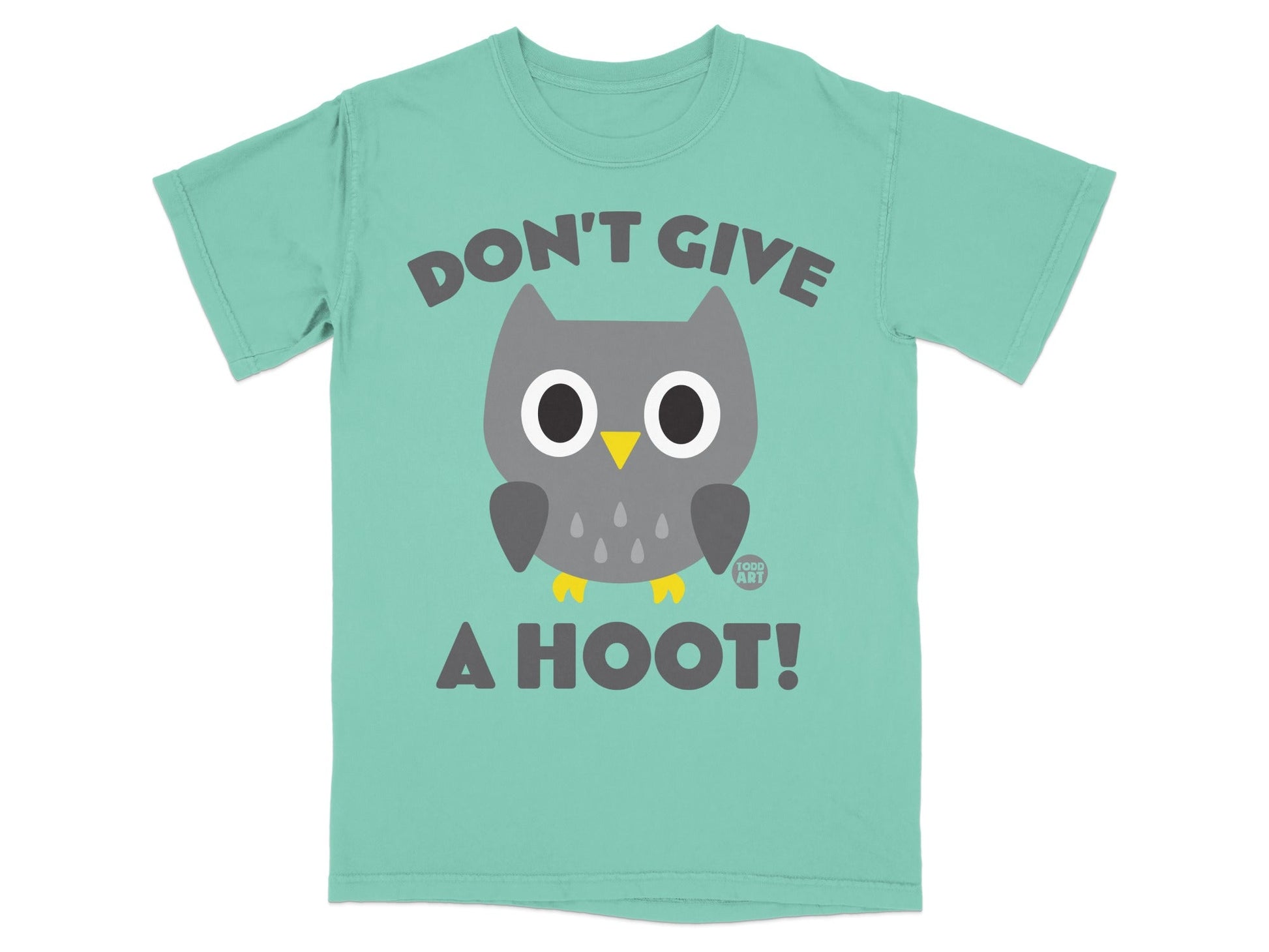 Teal t-shirt with a cartoon owl and text "DON'T GIVE A HOOT!"