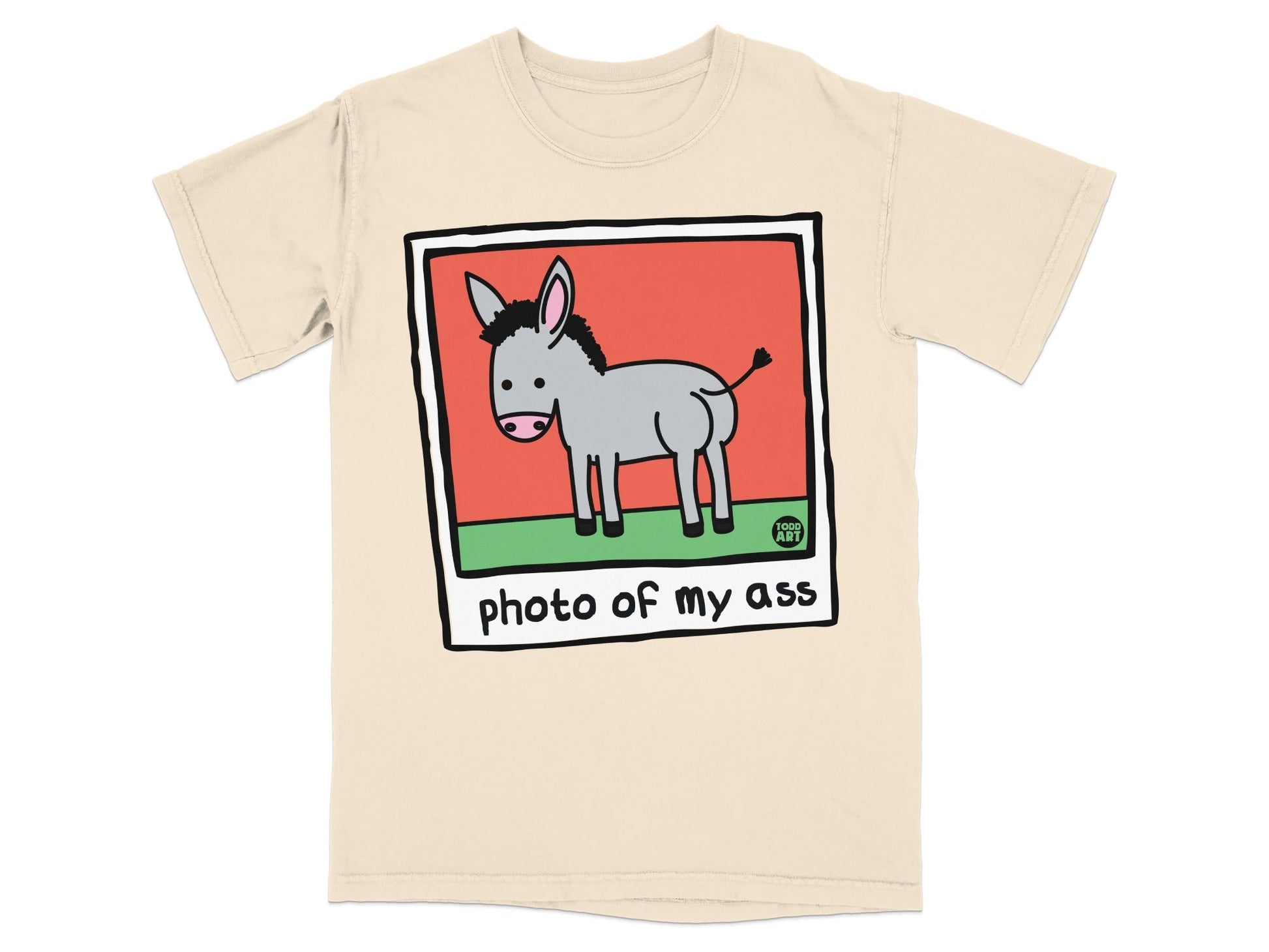 T-shirt with cartoon donkey and text "photo of my ass".