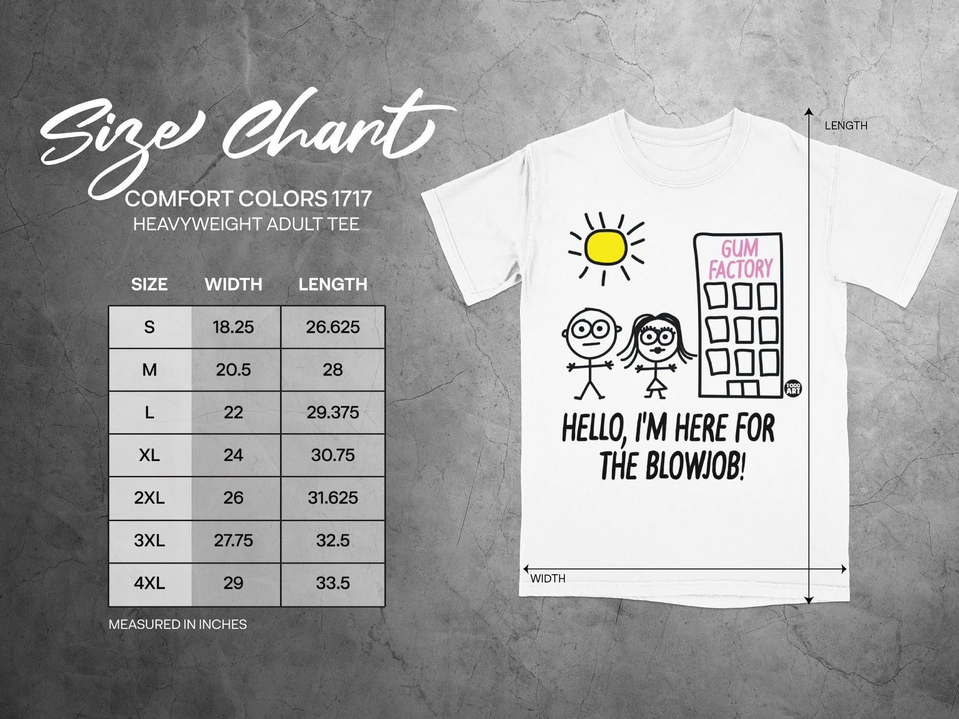 Size chart for Comfort Colors 1717 heavyweight adult tee with illustration.