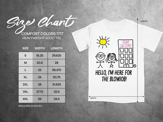Size chart for Comfort Colors 1717 heavyweight adult tee with illustration.