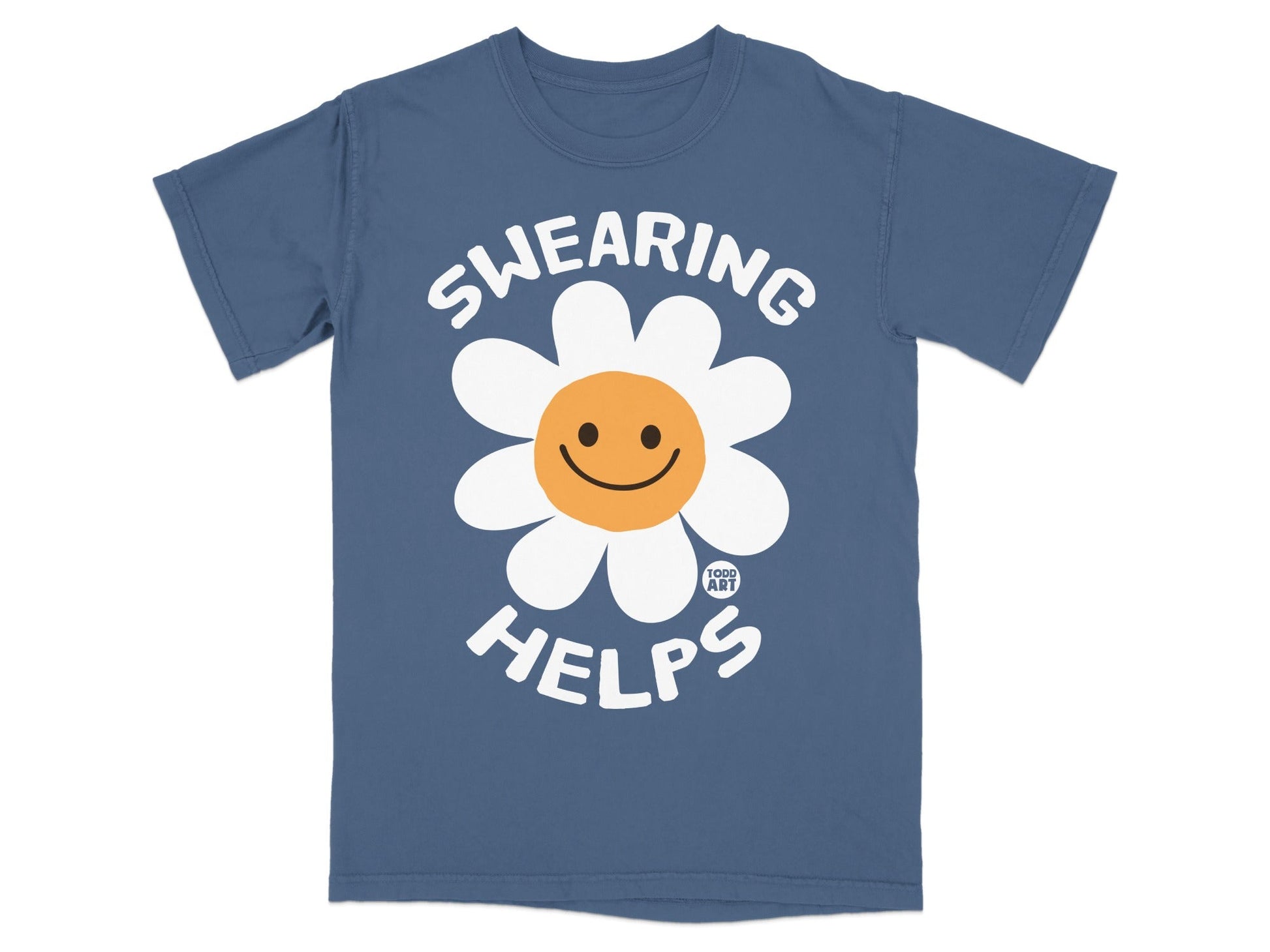 Blue t-shirt with white flower graphic and "SWEARING HELPS" text.