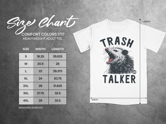 Comfort Colors 1717 adult t-shirt size chart with "Trash Talker" graphic.