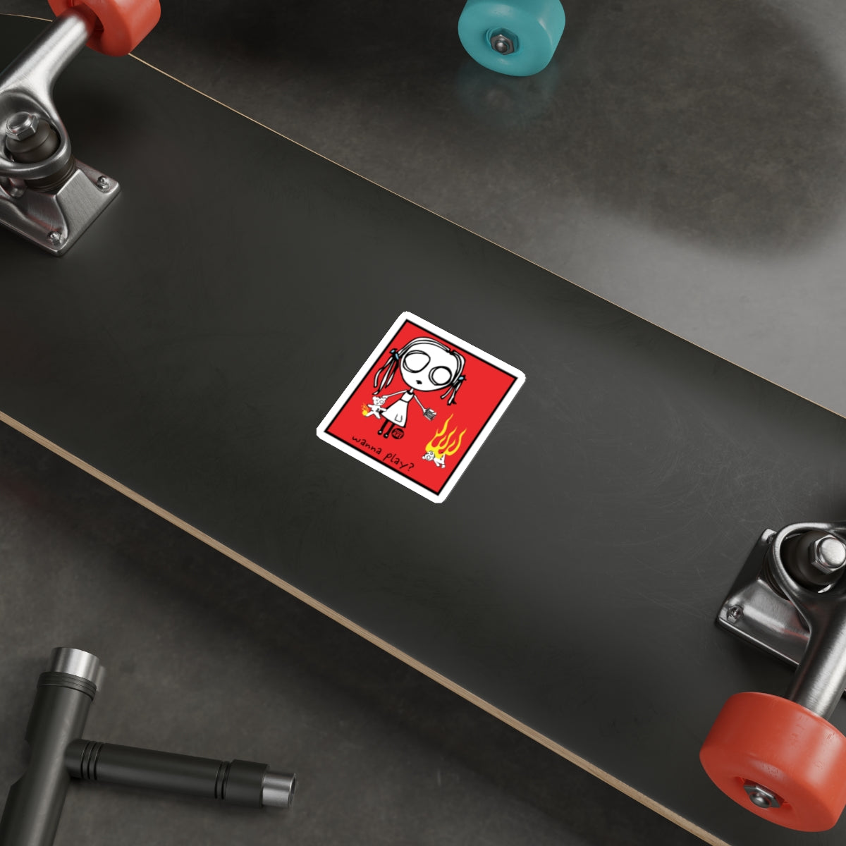 Creepy Doll with Red Background Skateboard Sticker