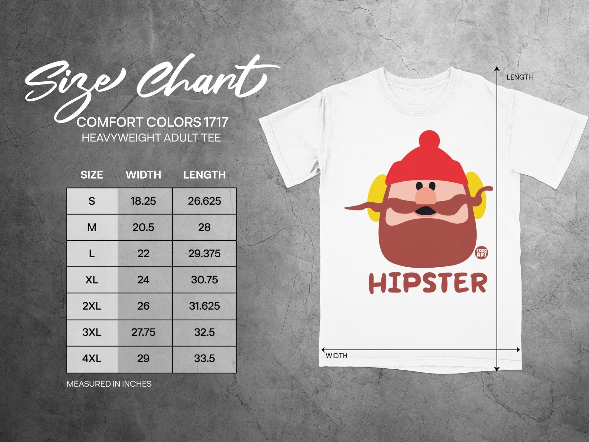 Size chart for Comfort Colors 1717 heavyweight adult tee.