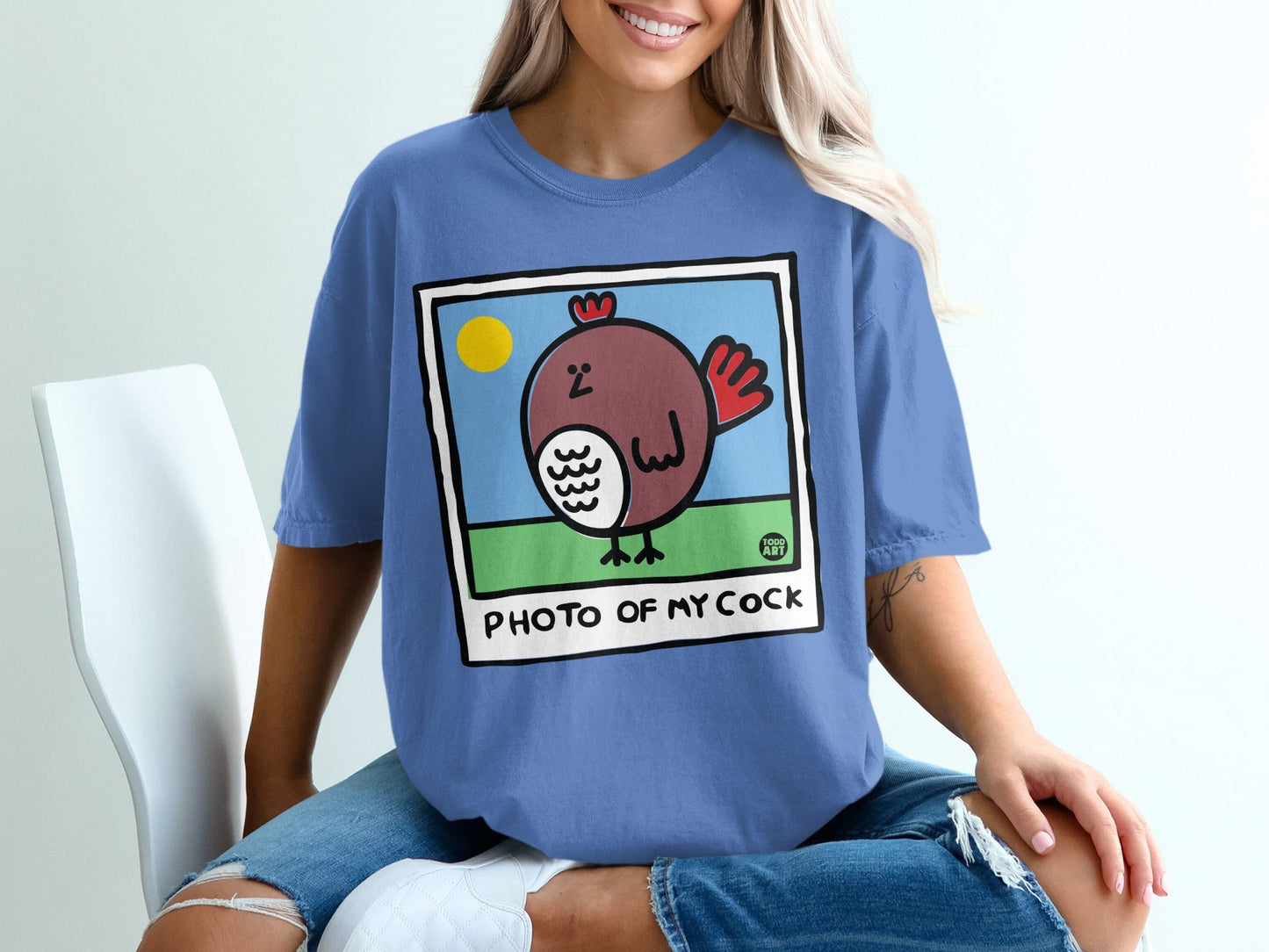 T-shirt with cartoon rooster illustration and "PHOTO OF MY COCK" text.