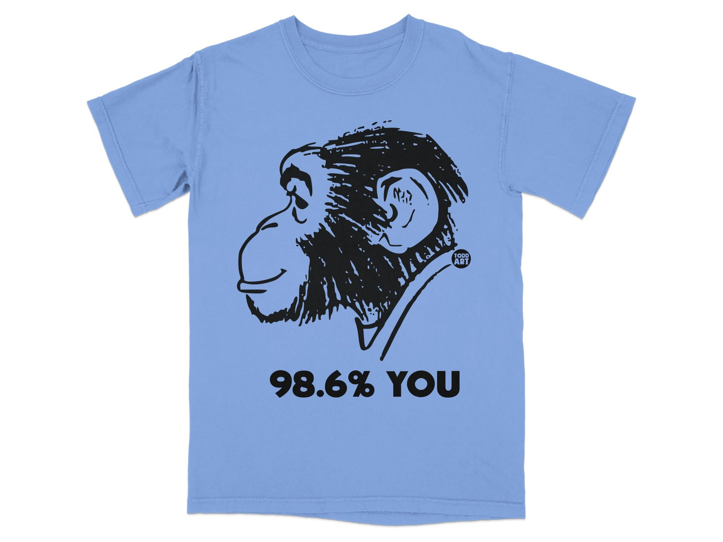 Light blue t-shirt with a black ape head graphic and text "98.6% YOU".
